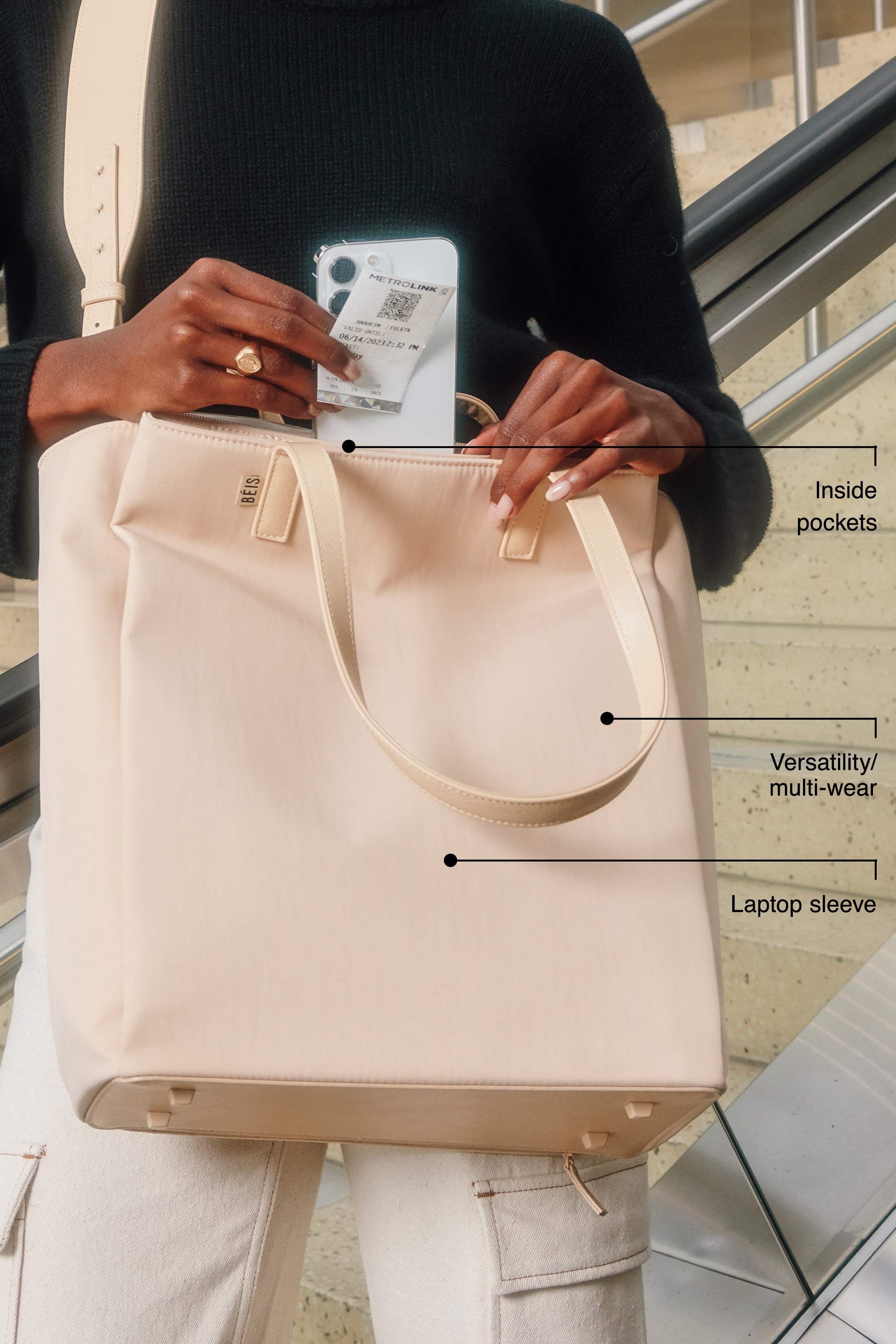 Stylish Beige Commuter Tote Bag for Women - Large Work Tote with Laptop Pocket - Perfect for Office, Travel & Everyday Use