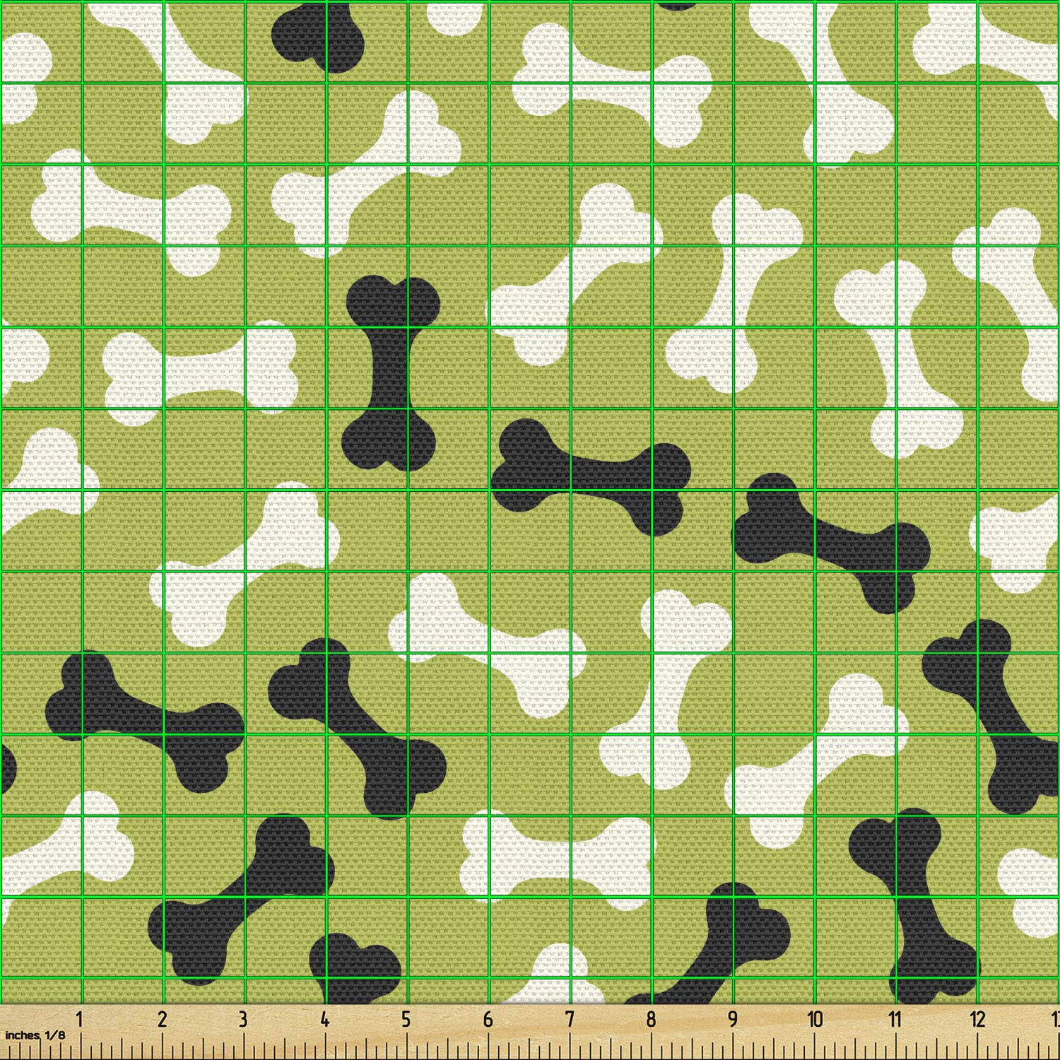 Lunarable Dog Bone Fabric by The Yard - Domestic Dog Breeds Nutrition Theme Abstract Bones Pattern Print - Decorative Upholstery Fabric for Pet Beds, Dog Blankets & Home Accents in Black, White & Apple Green - Perfect for DIY Dog Accessories & Pet-Friendly Home Decor