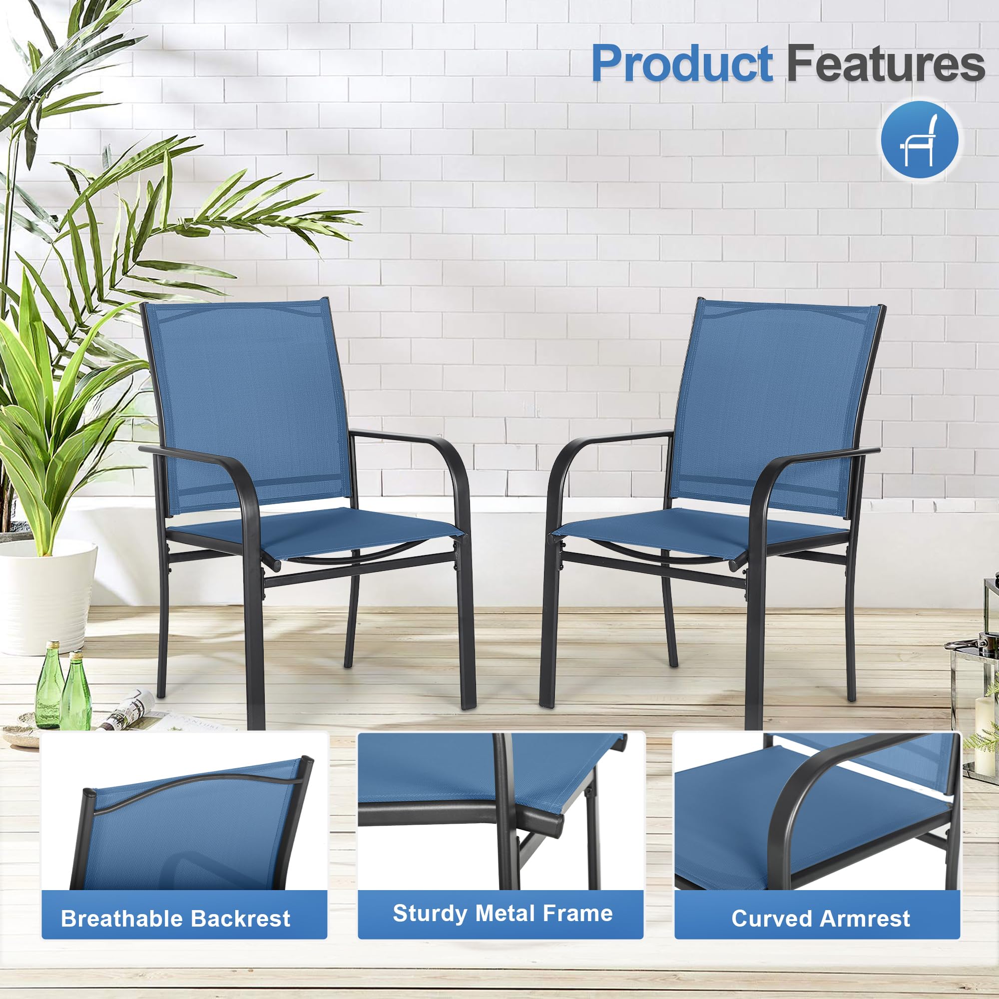 Outdoor Wrought Iron Dining Chairs Set of 2 - Patio Textilene High Back Chairs with Armrests, Durable Metal Frame Furniture for Yard, Deck, Backyard, Lawn & Poolside - Perfect for Outdoor Dining, Lounging & Entertaining (Dark Blue)