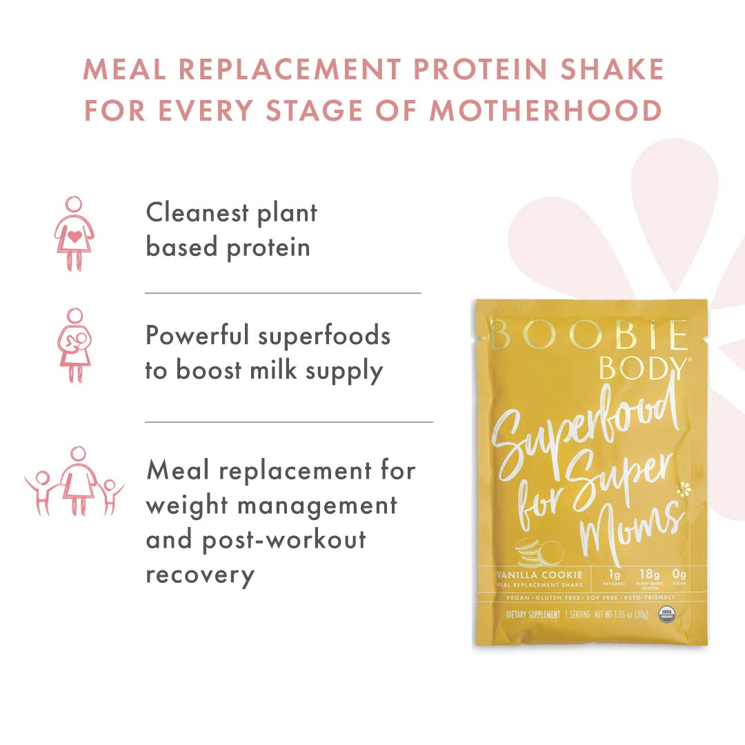 Boobie Body Superfood Protein Shake for Moms - Organic Lactation Support Powder with Probiotics to Increase Milk Supply, Dairy-Free, Gluten-Free, Vegan Vanilla Cookie Flavor (10 Single-Serve Packets) - Perfect for Postpartum Recovery & Breastfeeding Nutrition