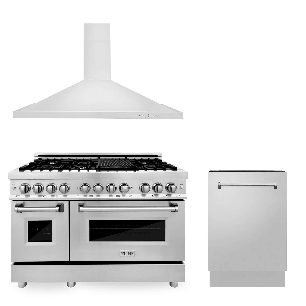 ZLINE 48 Inch Stainless Steel Dual Fuel Range Kitchen Package with Convertible Vent Hood & Tall Tub Dishwasher (3KP RARH48 DWV) - Perfect for Modern Home Chefs & Spacious Kitchens