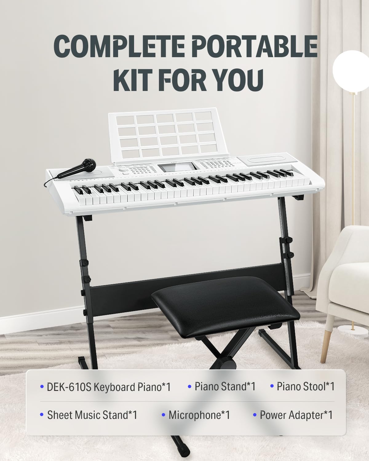 Donner 61-Key Digital Piano Keyboard with 249 Voices & Rhythms - Complete Electric Keyboard Kit Includes Stand, Stool, Microphone - Perfect for Beginners & Home Music Practice (DEK-610S, White) - Ideal for Piano Learning, Music Composition & Family Entertainment