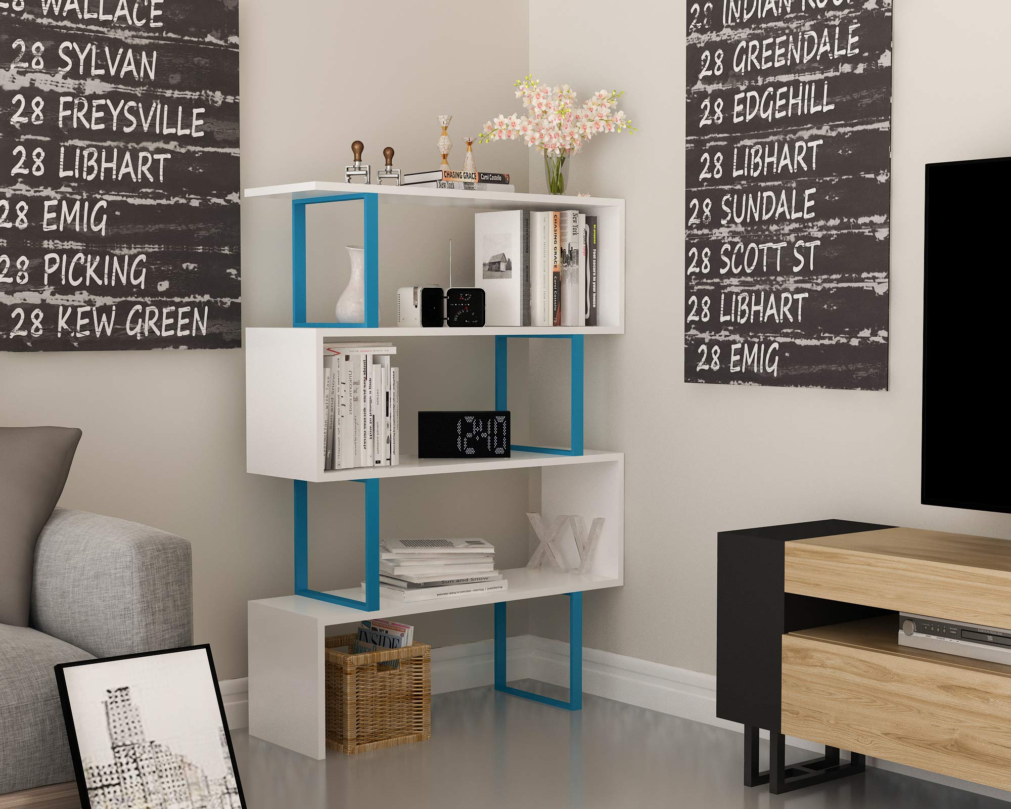 Decorotika Adriana 4-Shelf Geometric Modern Industrial Bookcase - Blue & White Etagere Shelf for Living Room, Office & Bedroom Storage