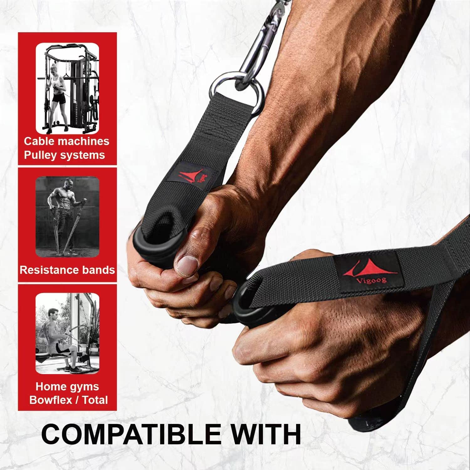 Heavy Duty Gym Handles for Cable Machine, Resistance Bands & Pulley Systems - Home Fitness Equipment with Elastic Rubber Grip & 2 Large Carabiners - Perfect for Strength Training, CrossFit & Home Workouts
