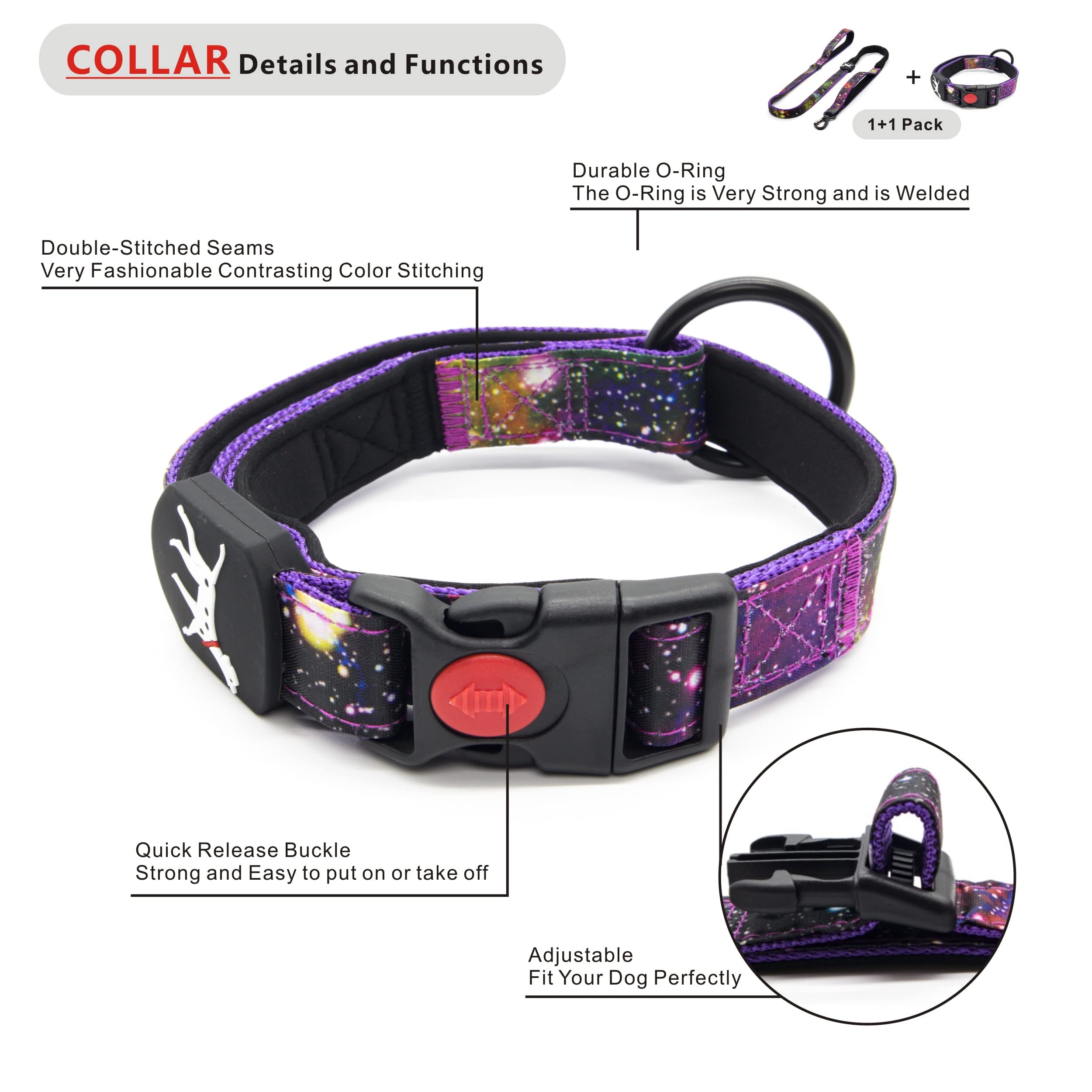 Heavy Duty Bungee Dog Collar and Leash Set - Adjustable 4-6Ft Training Leash with 2 Control Handles for Medium & Large Dogs - Soft Padded for Comfort - Perfect for Daily Walks, Jogging & Outdoor Adventures (Size: L-Galaxy)
