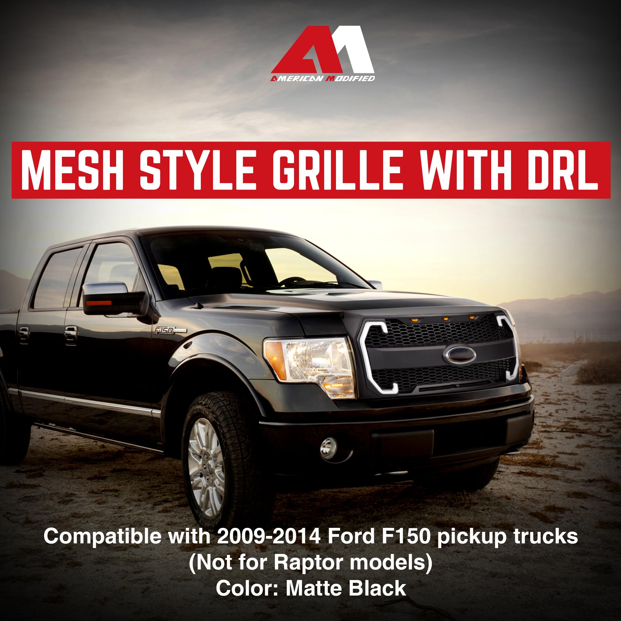Raptor Style Mesh Grille with DRL & Turn Signals for 2009-2014 Ford F150 | Matte Black | Off-Road & Street Upgrade | Enhanced Style & Visibility