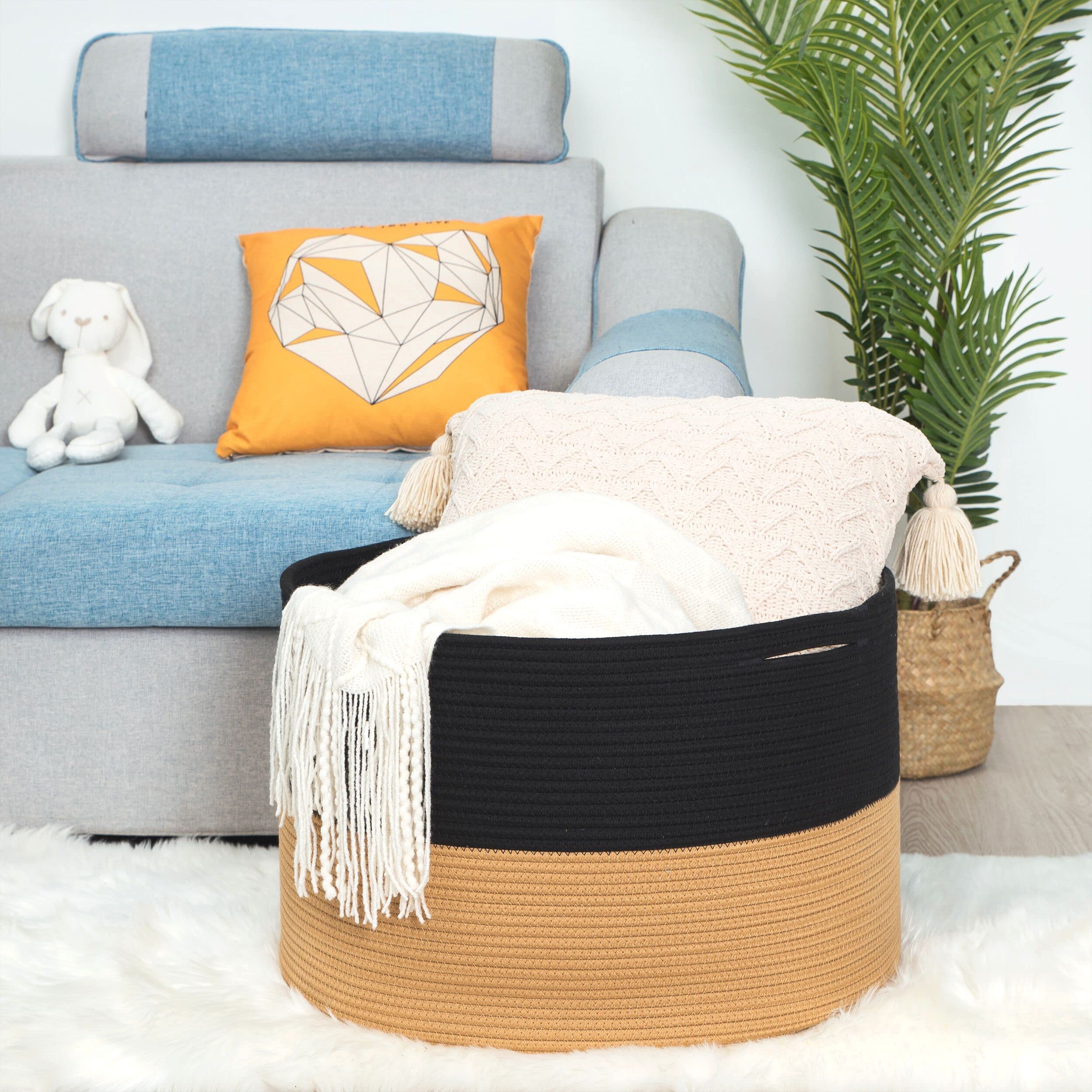 MINTWOOD Extra Large 22x14 Inch Woven Cotton Rope Storage Basket - Blanket Organizer, Laundry Hamper, Toy Bin for Living Room & Nursery - Black & Brown Home Decor (Perfect for Cozy Blanket Storage & Kids' Toy Organization)