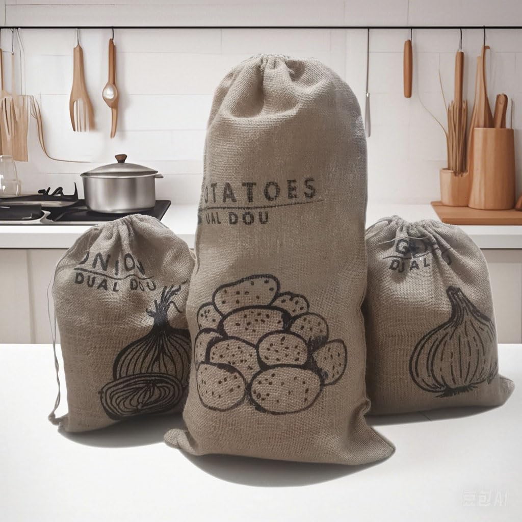 Organic Burlap Onion and Potato Storage Bags - 3 Pack Reusable Jute Drawstring Produce Bags for Garlic, Onions, Potatoes - Perfect for Kitchen Pantry Organization, Root Vegetable Storage & Eco-Friendly Food Preservation