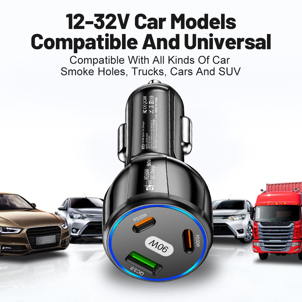 90W USB C Car Charger with QC3.0 & PD30W Fast Charging - 3-Port High Power Cigarette Lighter Adapter for iPhone 15/14/13 Pro Max, Samsung Galaxy, All Smartphones (Black) - Perfect for Road Trips, Commuting & Travel Charging Needs