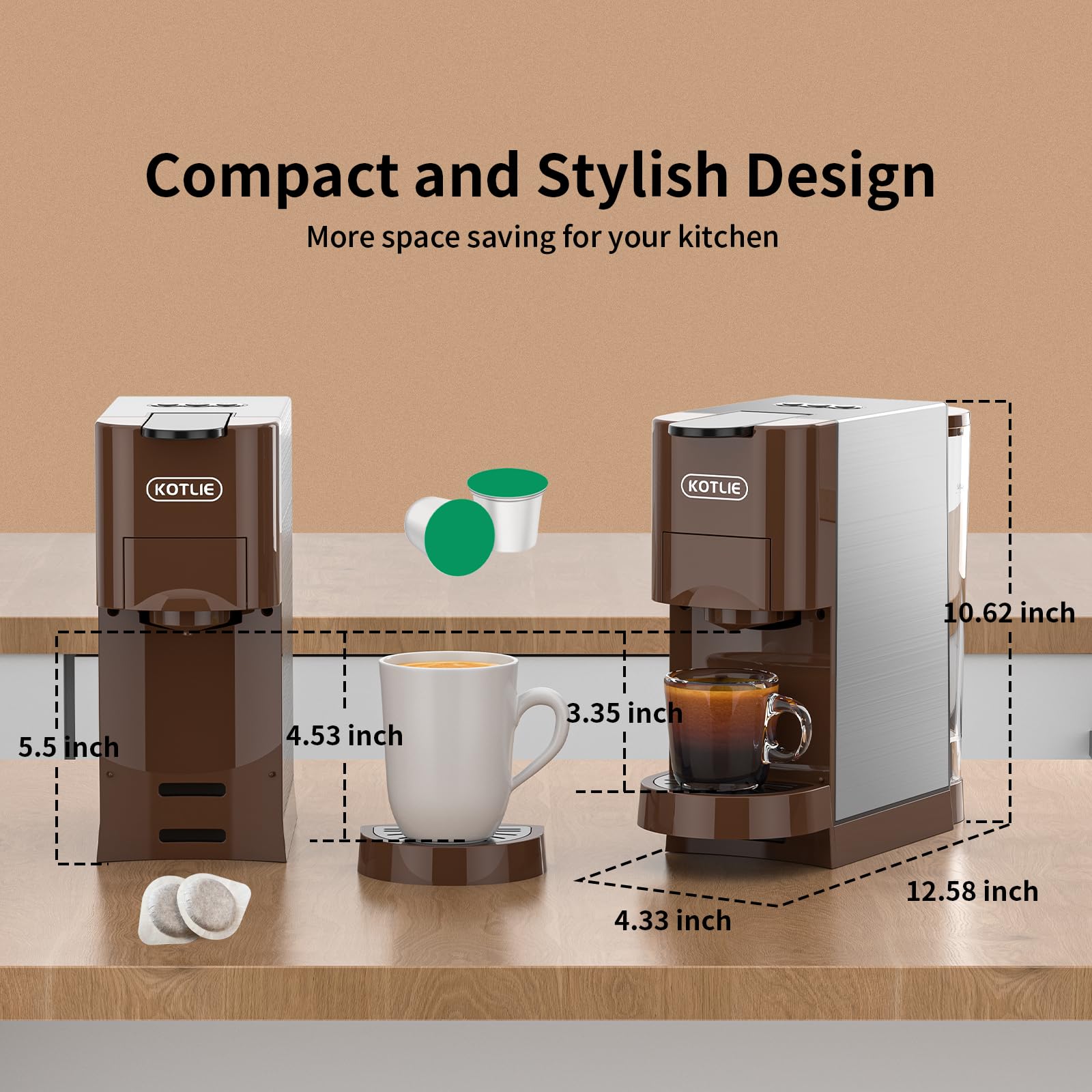 KOTLIE 4-in-1 Espresso Machine - Single Serve Coffee Maker for NES*Original/KEU* K-Cups, Ground Coffee & illy ESE Pods - 19 Bar Pressure, 1450W - Perfect for Home, Office & Small Cafes