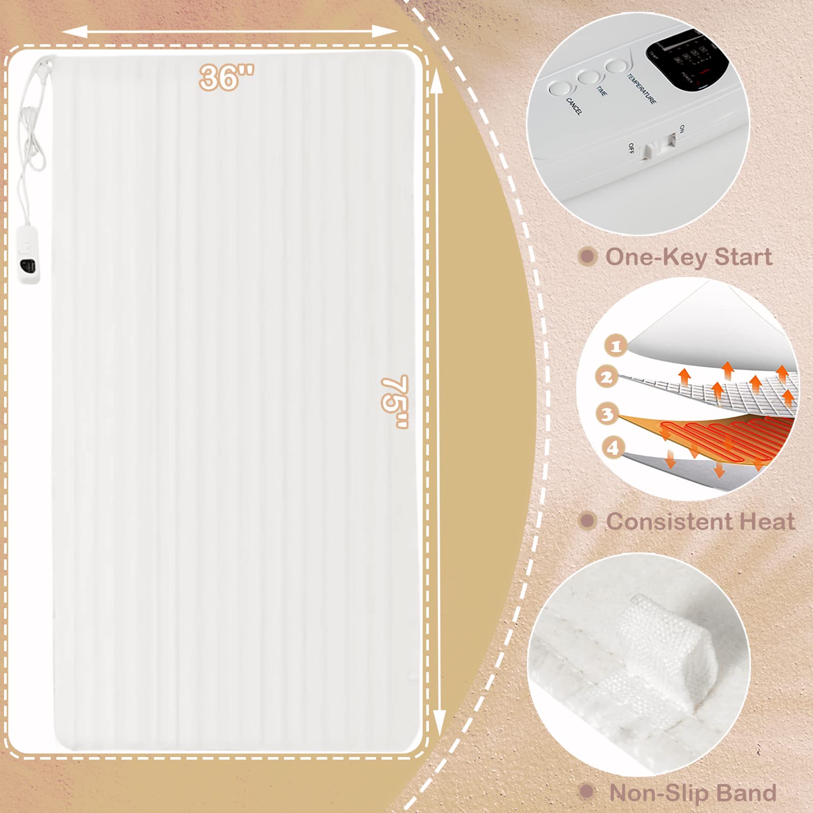 WELLHUT 75x36 Inch Electric Heating Massage Table Warmer - 5 Adjustable Heat Levels & 8 Timer Settings, UL Certified Twin Bed Warmer for Spa & Physical Therapy - Machine Washable Heated Mattress Pad - Perfect for Massage Clinics, Home Spa Treatments, and Professional Therapy Sessions