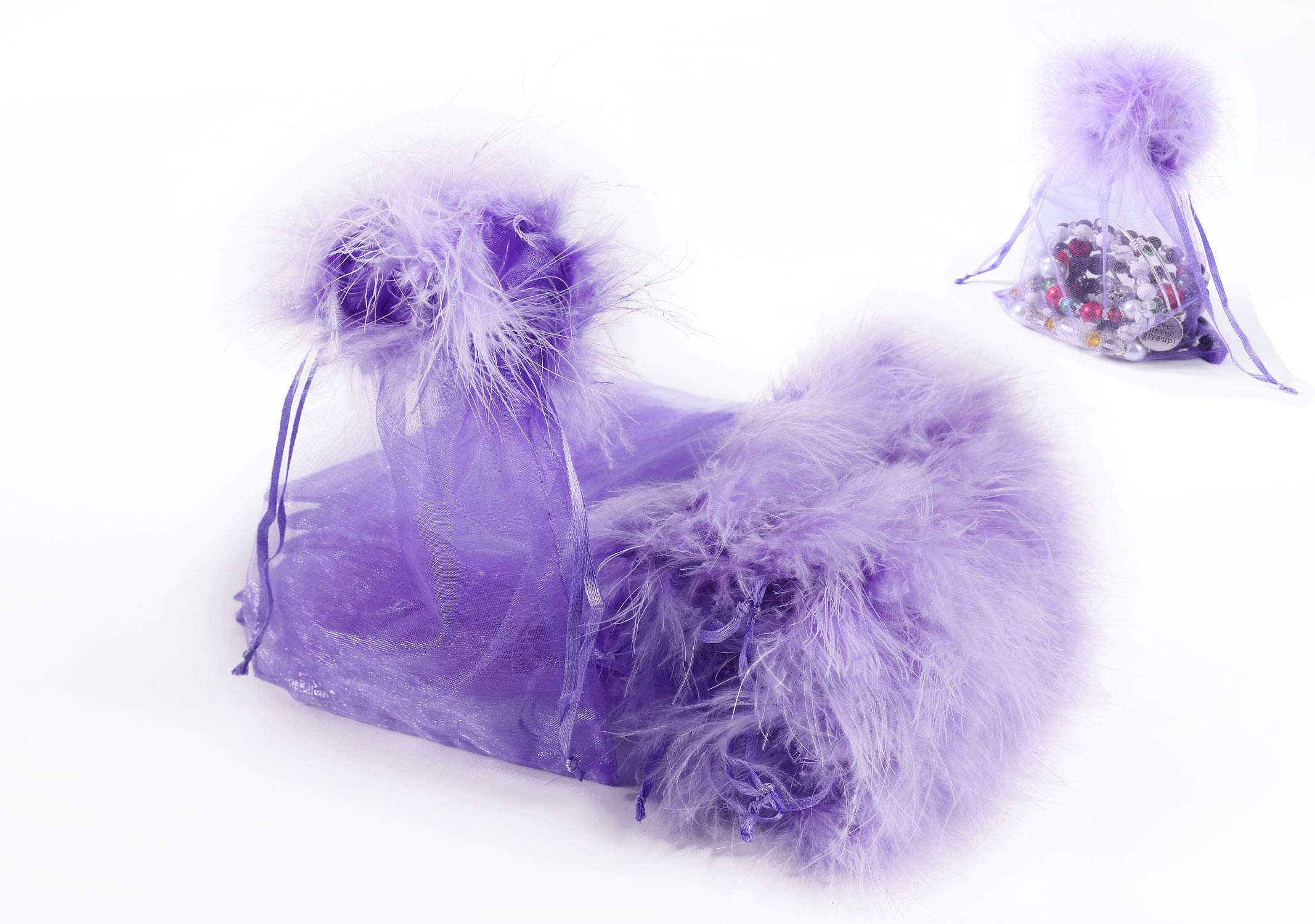 Linpeng 7x9 Inch Purple Organza Drawstring Bags with Feather Trim - Bulk Pack of 20 for Party Favors, Wedding Decor, Bridesmaid Gifts & Women's Event Planning - Elegant Gift Pouches for Special Occasions