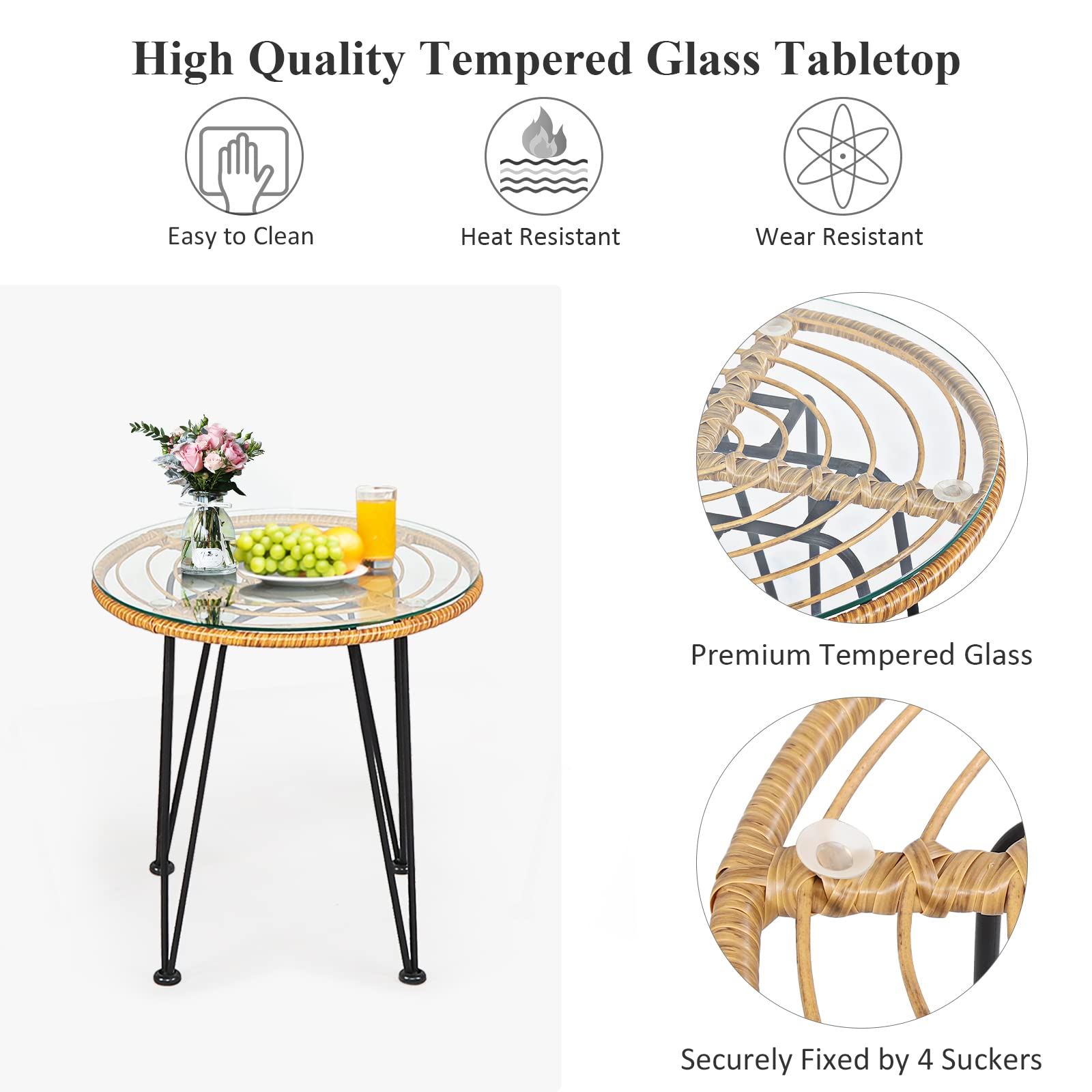 Tangkula 3-Piece Patio Bistro Set - Rattan Wicker Conversation Set with 2 Cushioned Armchairs & Round Glass Coffee Table - Indoor Outdoor Furniture for Balcony, Backyard, Garden, Poolside - Perfect for Relaxing, Entertaining & Outdoor Dining