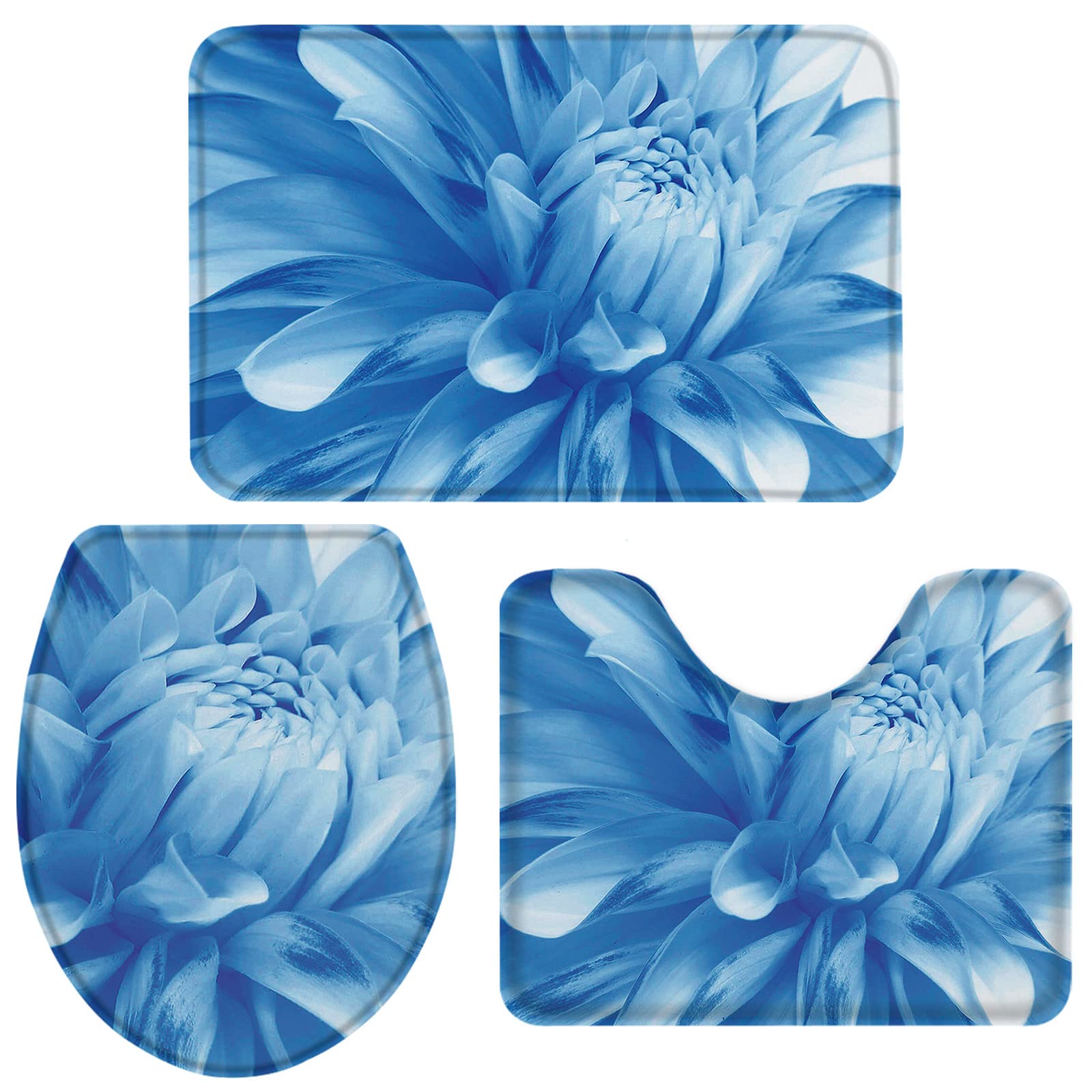 3-Piece Watercolor Floral Bathroom Rug Set - Super Absorbent U-Shaped Contour Toilet Mat with Lid Cover, Non-Slip Bath Mats for Bathroom Decor (Blue Petal Design) - Perfect for Master Bath, Guest Bathroom & Pet-Friendly Homes