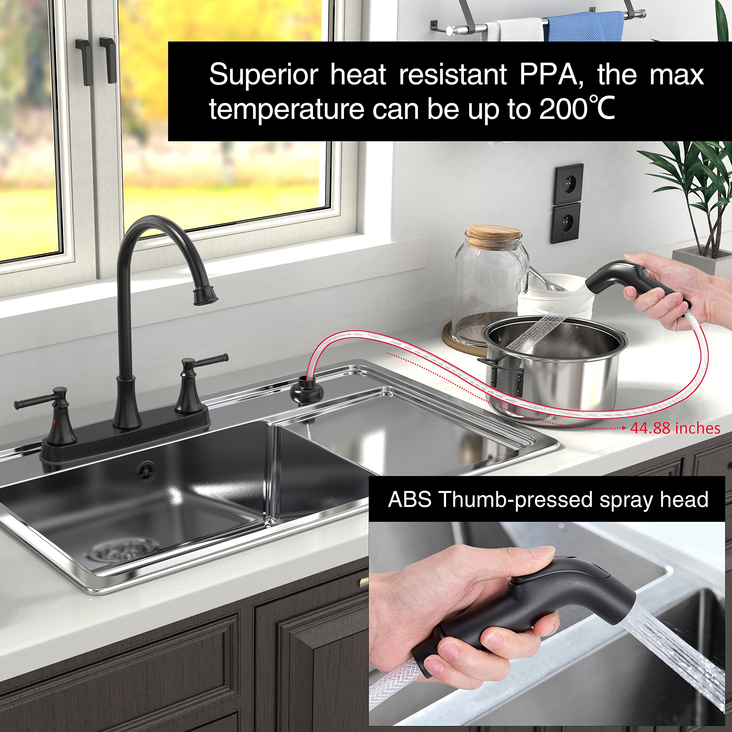 **Matte Black Kitchen Faucet with Side Sprayer - 2 Handle High Arc Stainless Steel Sink Faucet for RV, Camper, or Home Use - 8 Inch Centerset Faucet (3 or 4 Hole Installation) - Perfect for Small Spaces, Outdoor Kitchens & Mobile Living**