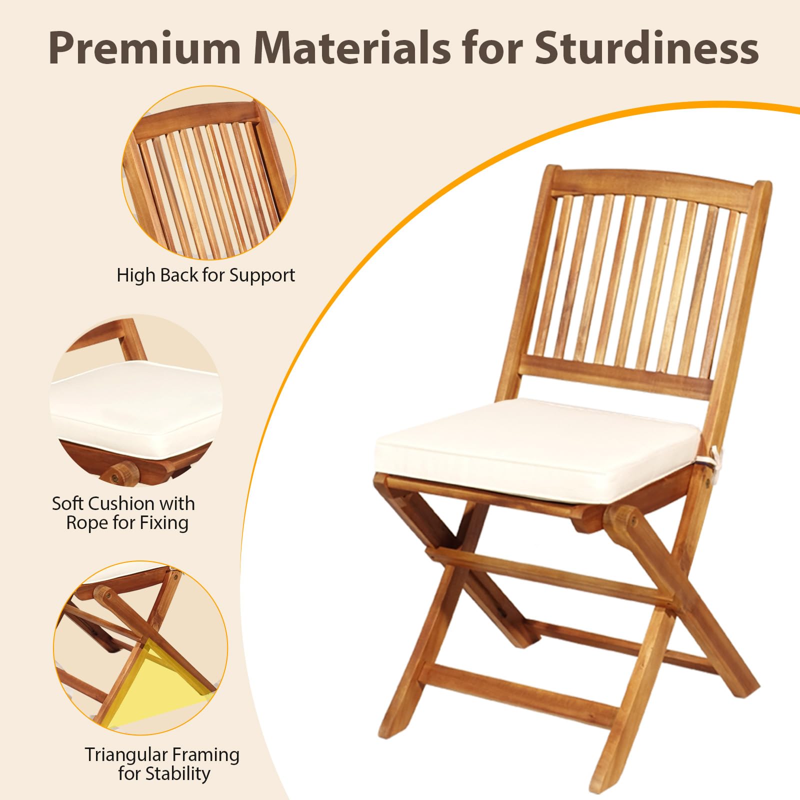 KOMFOTTEU Foldable Bistro Set, 40kg Capacity Table & 160kg Capacity Chairs with Cushions, Outdoor Garden Patio Furniture Set for Balcony, Terrace or Backyard (Beige Cushions) - Perfect for Small Spaces, Coffee Breaks & Relaxing Outdoors