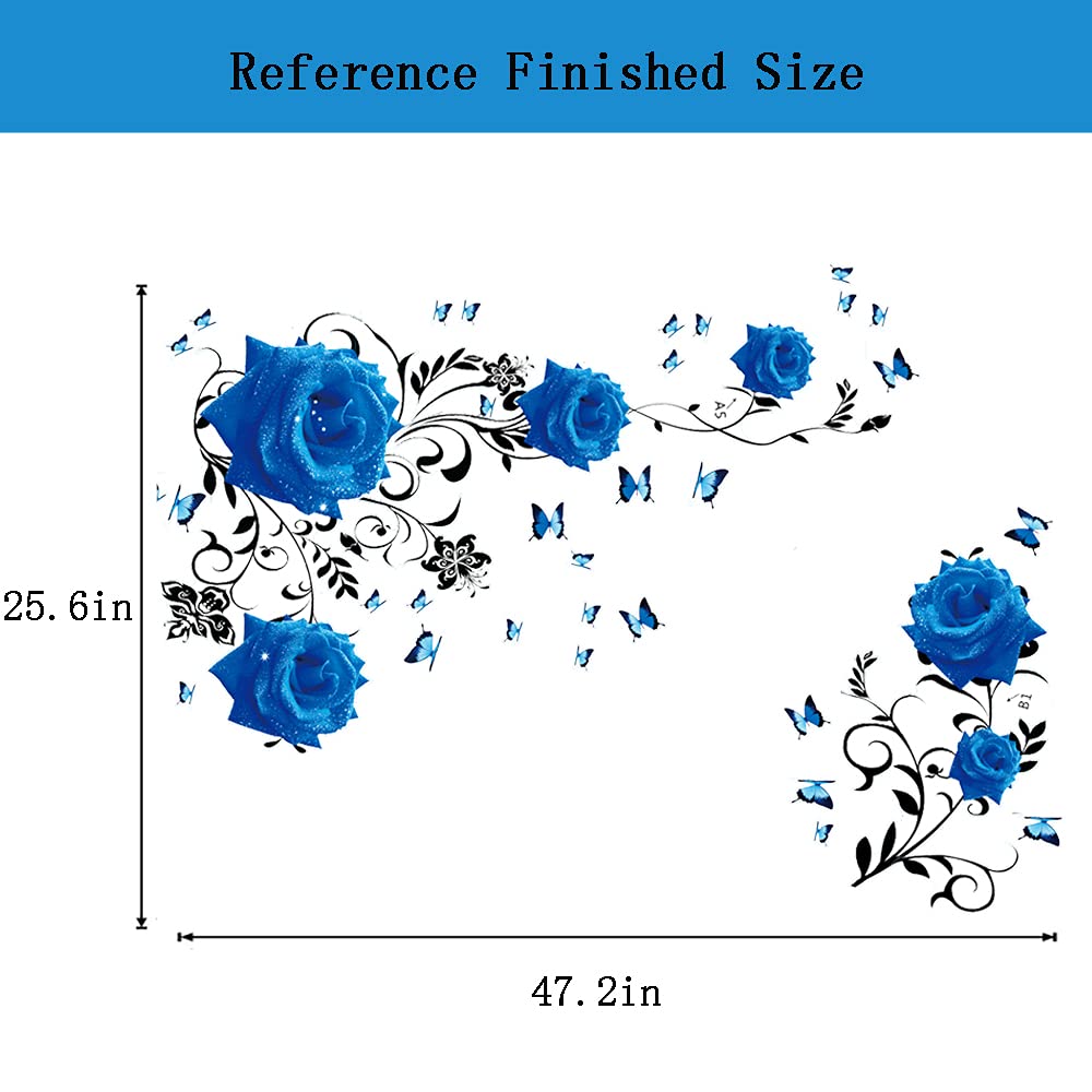 Supzone Blue Rose Wall Stickers - DIY Vinyl Floral Wall Decal for Bedroom, Living Room, Sofa Backdrop & TV Wall Decor | Elegant Blue Peony Flower Vine Mural Art | Perfect for Home, Office & Wedding Decorations