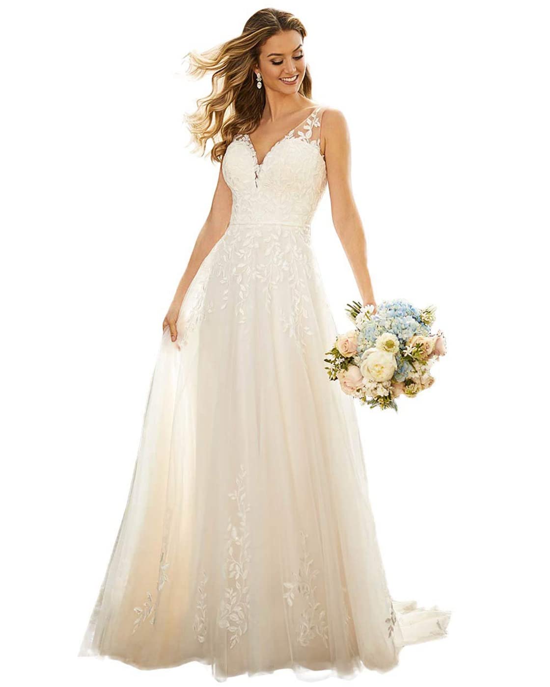 Lovsurp 2022 Beach Wedding Dresses for Bride - Lace Applique Boho Bridal Gown for Civil Wedding & Outdoor Ceremonies | Perfect for Seaside, Garden, and Destination Weddings