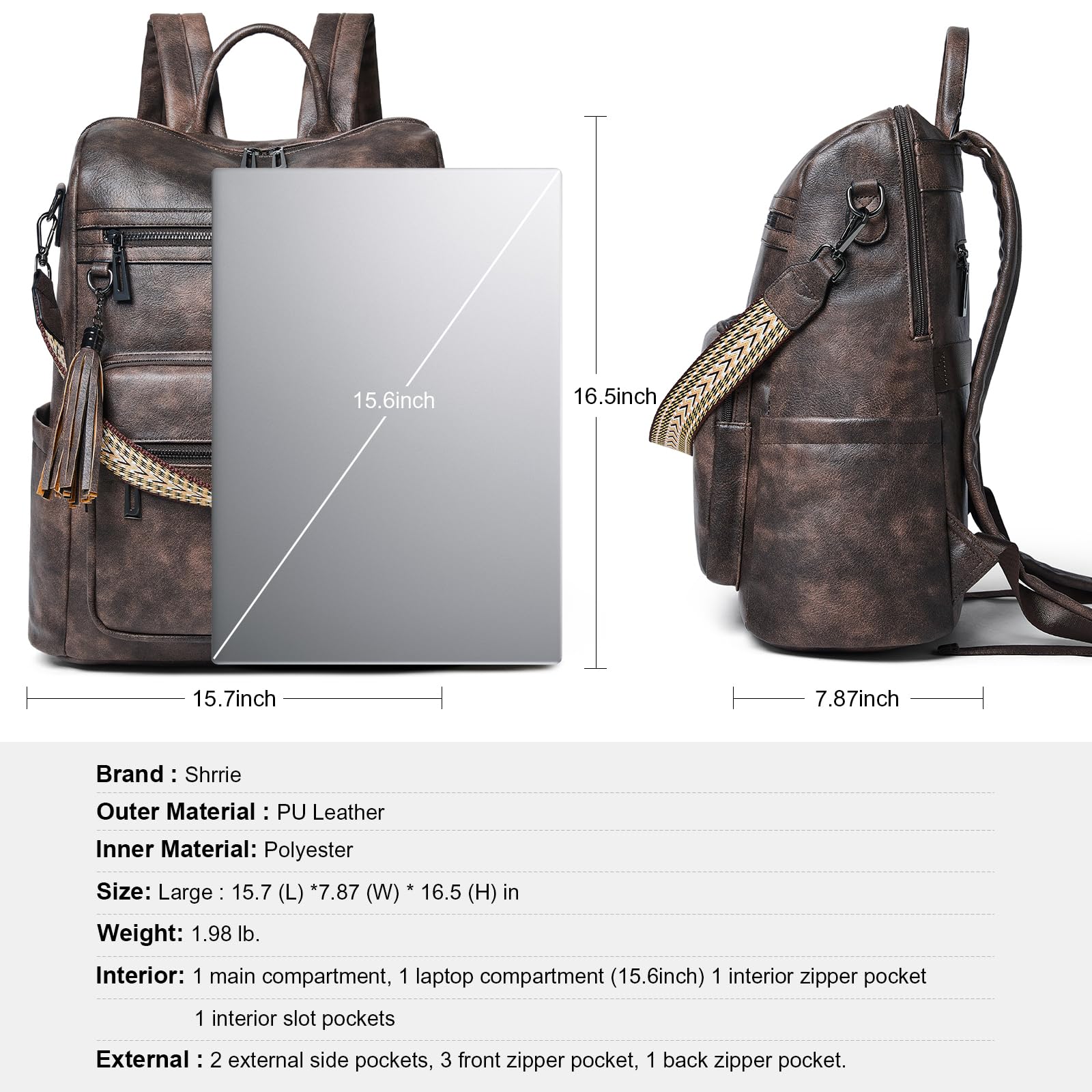Shrrie 15.6 Inch Leather Laptop Backpack for Women - Large Water Resistant Travel Backpack Purse, Stylish Two-Toned Coffee Design for College, Work, and Everyday Use