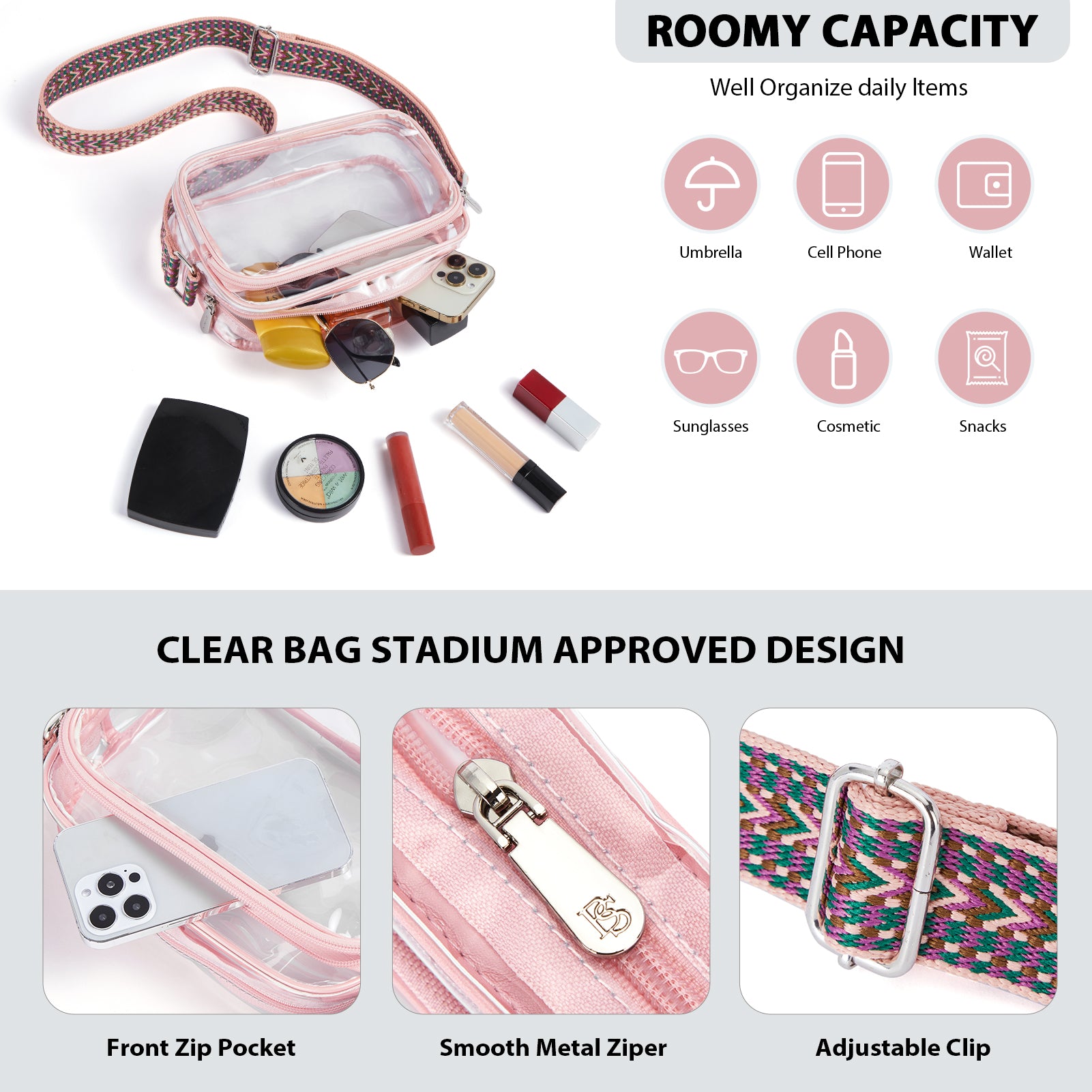 Nola Clear Stadium Approved Crossbody Bags for Women - Fashionable & Secure Transparent Purse for Concerts, Sports Events & Travel - Perfect for Music Festivals, Theme Parks & Security Checkpoints