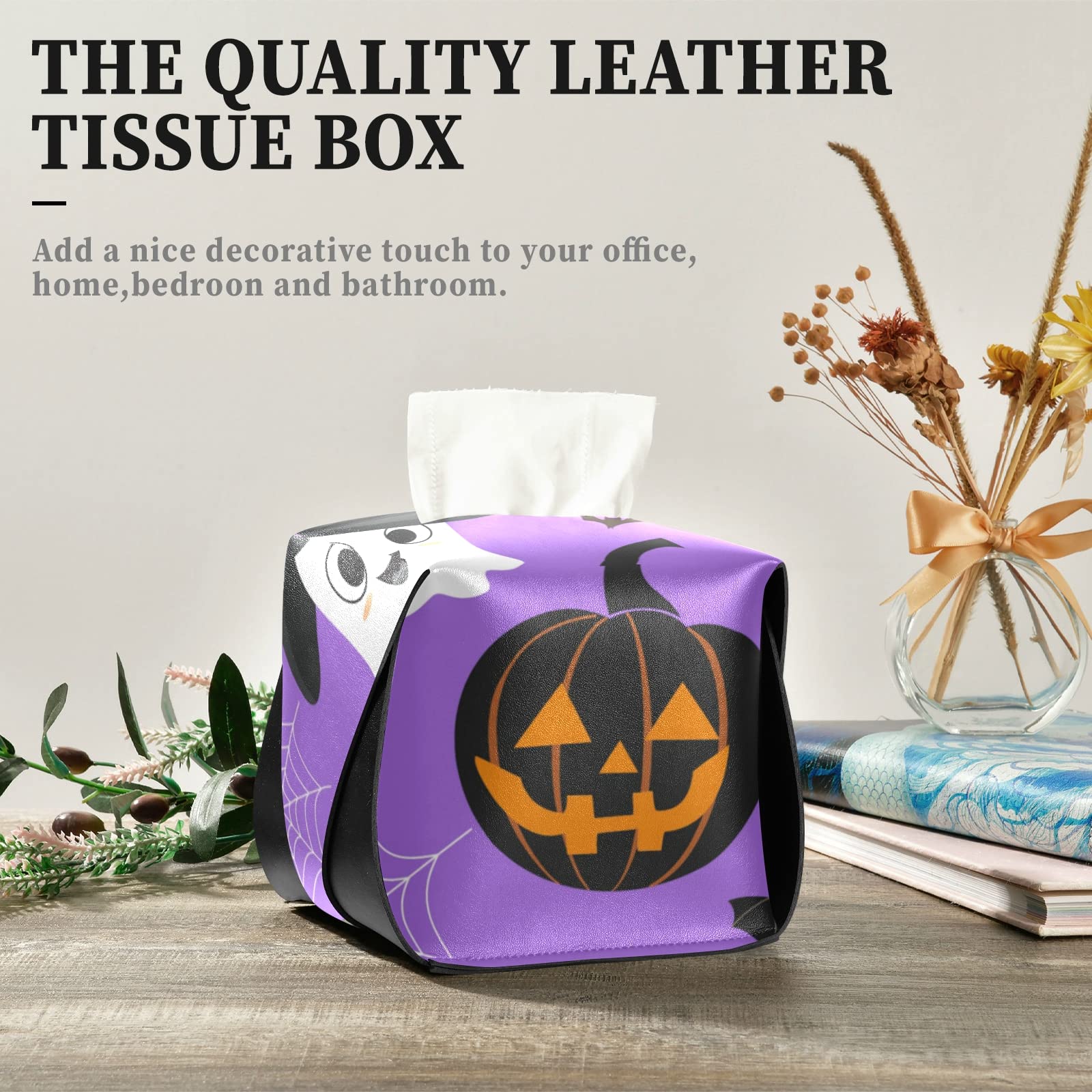 Halloween Tissue Box Cover - Purple Rectangle Leather with Pumpkins, Bats, Spider Web & White Ghosts - 9.4x5.1x3.6 Inch - Perfect for Bathroom, Home, Nightstand, Vanity, Office Desk & Car Decor