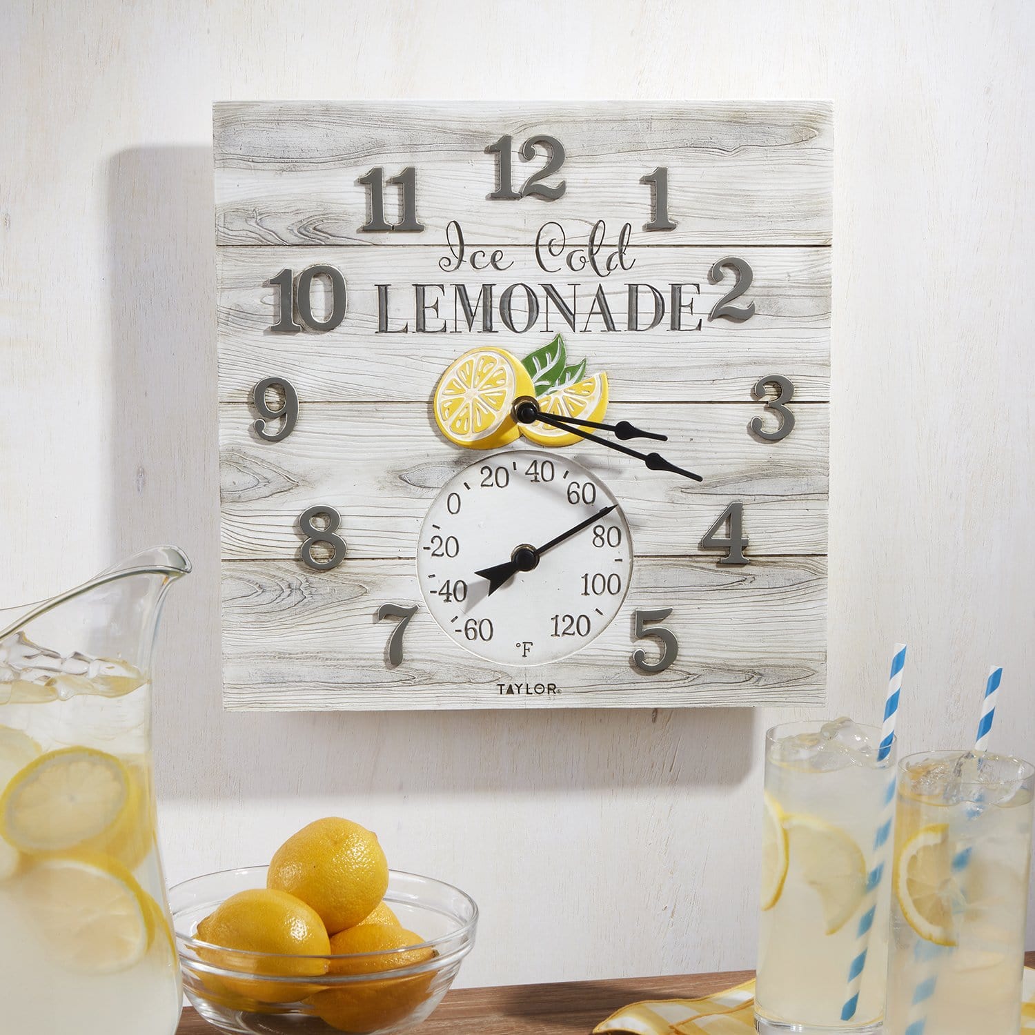 14x14 Lemonade Clock with Thermometer - Fun Summer Decor for Kitchen, Patio, or Lemonade Stand - Perfect for Outdoor Parties & Home Decor