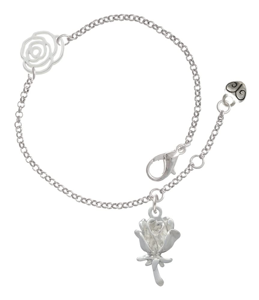Antique Silver-Tone Rose Link Charm Bracelet for Women - Adjustable 6.25