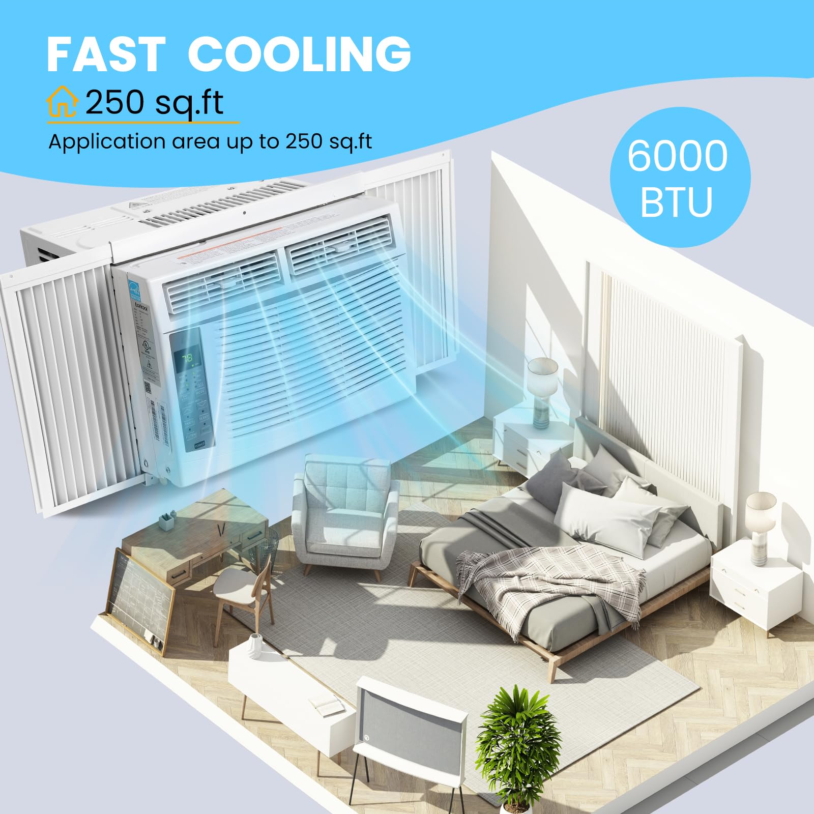 6000 BTU Window Air Conditioner - Fast Cooling for 250 Sq.Ft Rooms, 115V Remote & App Controlled, 50dB Low Noise, Easy Installation - Perfect for Bedrooms, Offices & Small Spaces