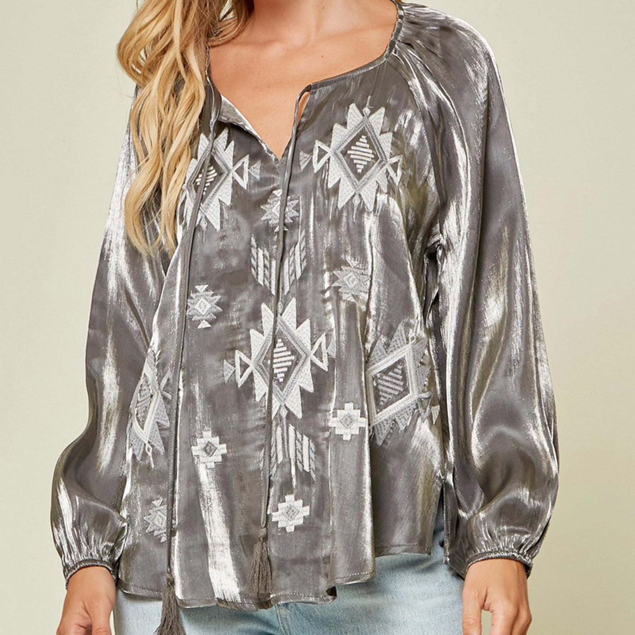 Andree Women's Charcoal Aztec Print Long Sleeve T-Shirt - Soft Cotton Casual Top for Everyday Wear, Layering & Boho Outfits