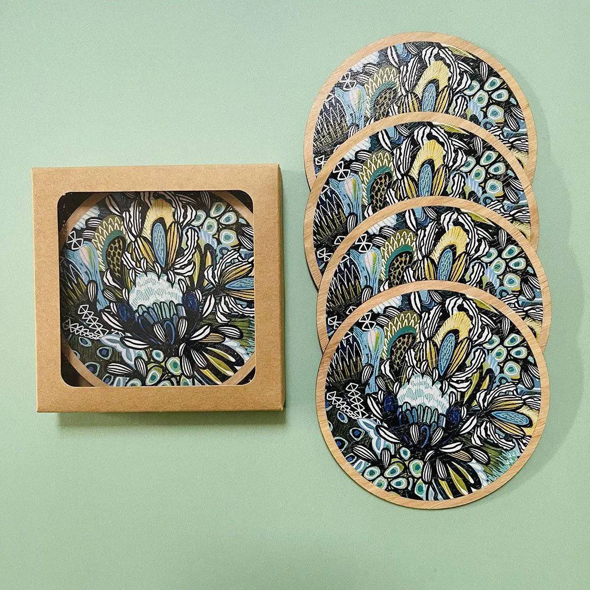 Premium Australian Wooden Coaster Set with Azure Proteas Design - Perfect for Home Decor, Coffee Tables, and Gift Giving