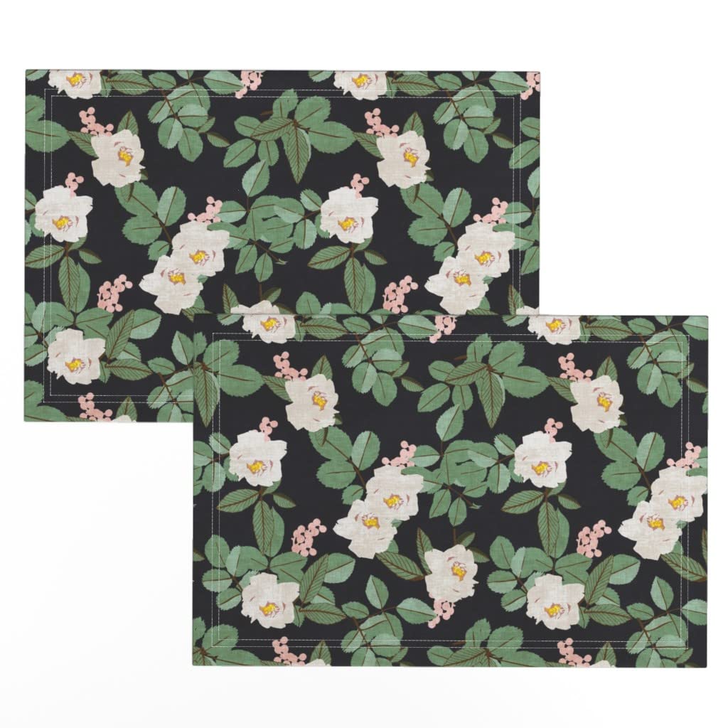Premium Linen Cotton Canvas Placemats Set of 2 - Floral Garden Print in Black & Green | Elegant Table Setting for Dining Room, Kitchen, or Outdoor Entertaining