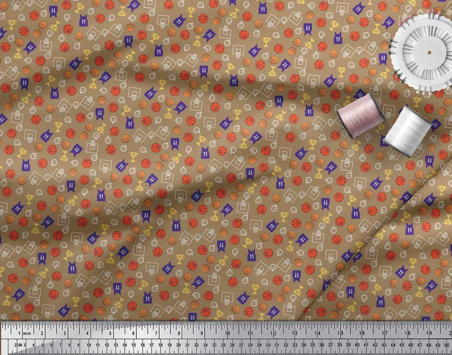 Soimoi Silk Brown Fabric by The Yard - 42 Inch Wide - Sports Theme Printed Fabric with Trophy, Timer Clock & Basketball Design - Perfect for DIY Sports Jerseys, Quilting, and Championship Decorations