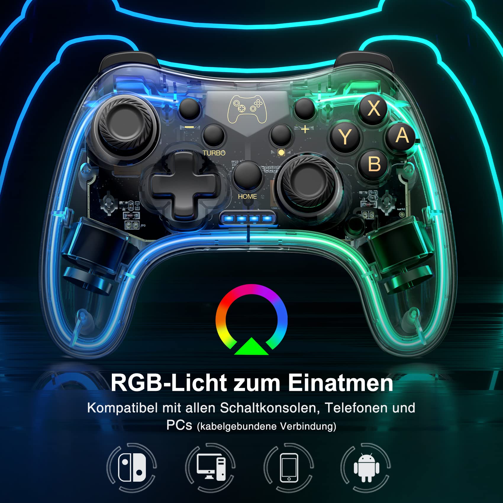 HASACOOL Wireless Switch Pro Controller, Transparent Glow-in-the-Dark Gamepad with Wake-Up Function & App Control - Compatible with Nintendo Switch/Switch Lite/Switch OLED, Android, iOS & PC - Perfect for Gaming, Streaming & Multiplayer Sessions