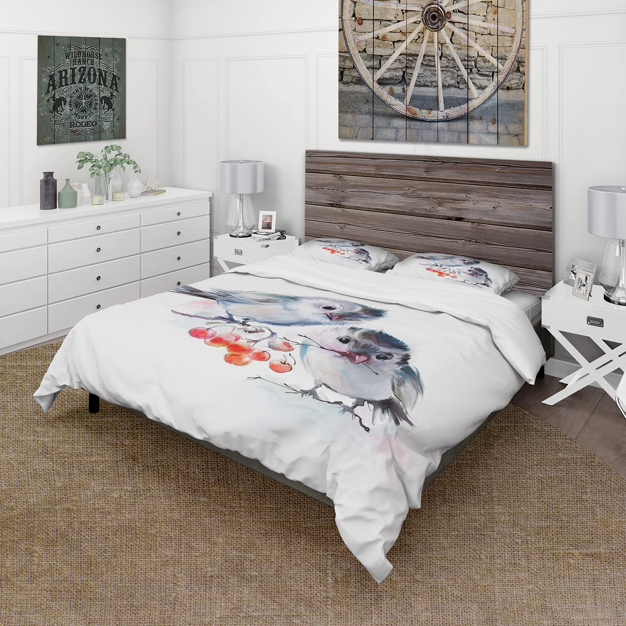 DesignQ Traditional Birds on Branch with Red Berries Duvet Cover Set - Queen Size 3-Piece Animal Print Bedding for All Seasons | Cozy Home Decor for Master Bedroom & Guest Room