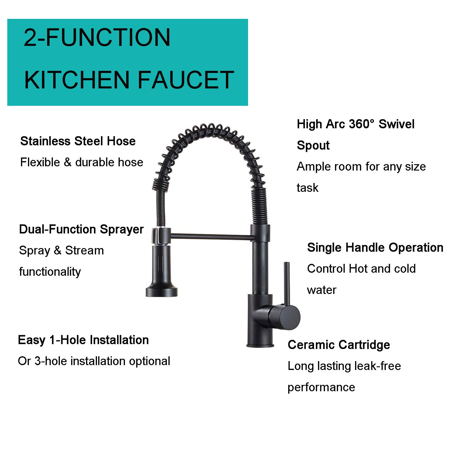 Commercial Kitchen Faucet with Pull Down Sprayer - Single Handle Lever Spring Sink Faucet in Matte Black | Ideal for Restaurants, Food Trucks & Home Kitchens