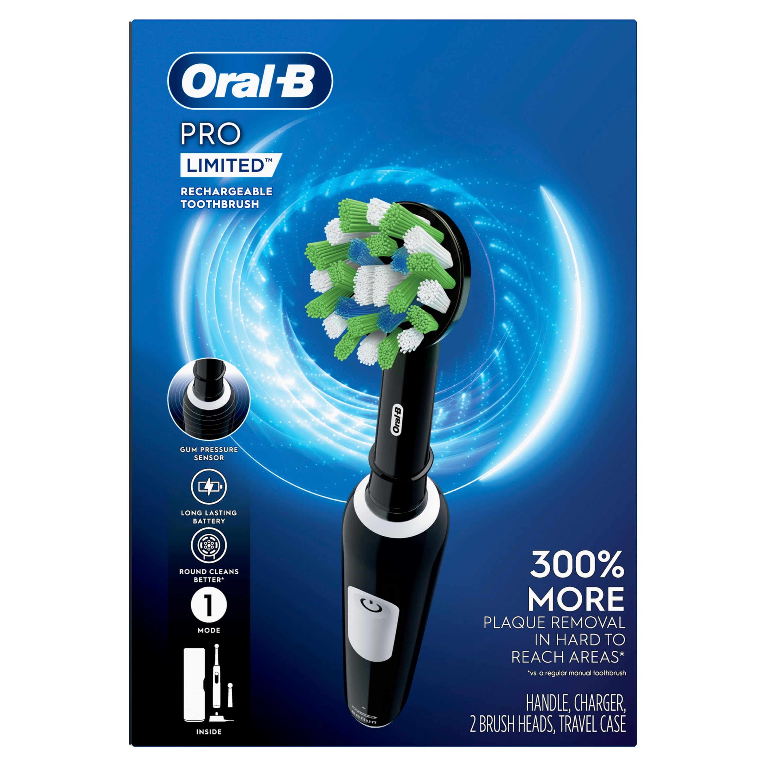 Oral-B Pro Limited Edition Rechargeable Electric Toothbrush - Black, Includes 2 Brush Heads & Travel Case - Perfect for Home Use, Travel, and Daily Oral Care