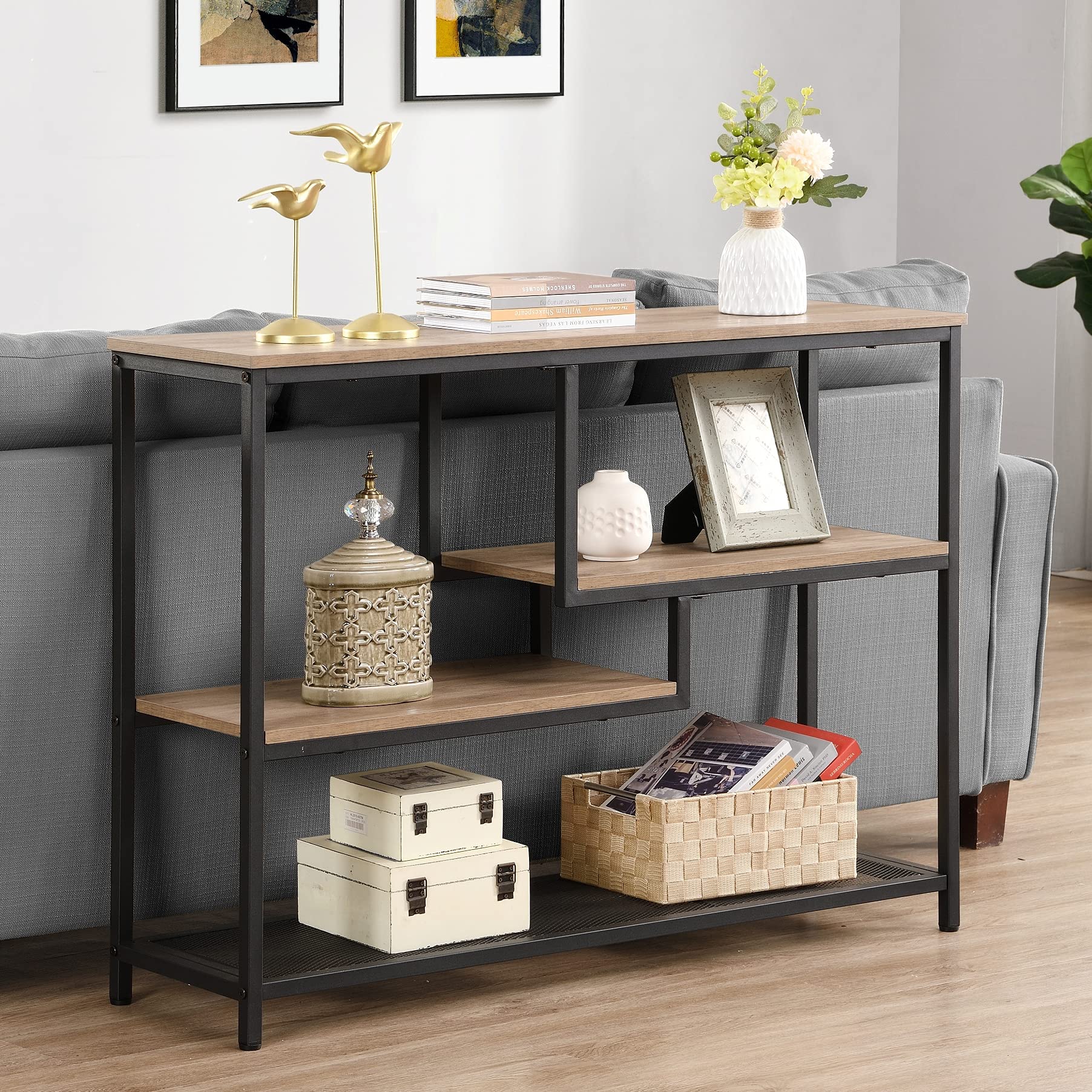 Rustic Oak Narrow Console Table with Storage Shelves - Entryway, Hallway & Living Room Furniture - Perfect for Small Spaces, Home Decor & Organization