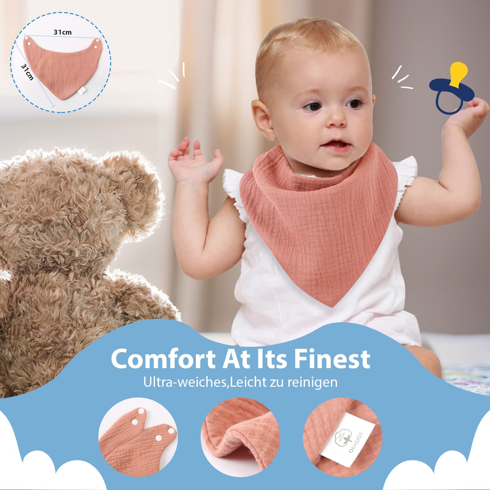 Ouqidillc 6-Layer 100% Cotton Baby Bandana Bibs - Soft, Absorbent Drool Bibs for Newborn to 36 Months | Adjustable Snap Closures for Boys & Girls | Perfect for Teething, Drooling & Mealtime Messes