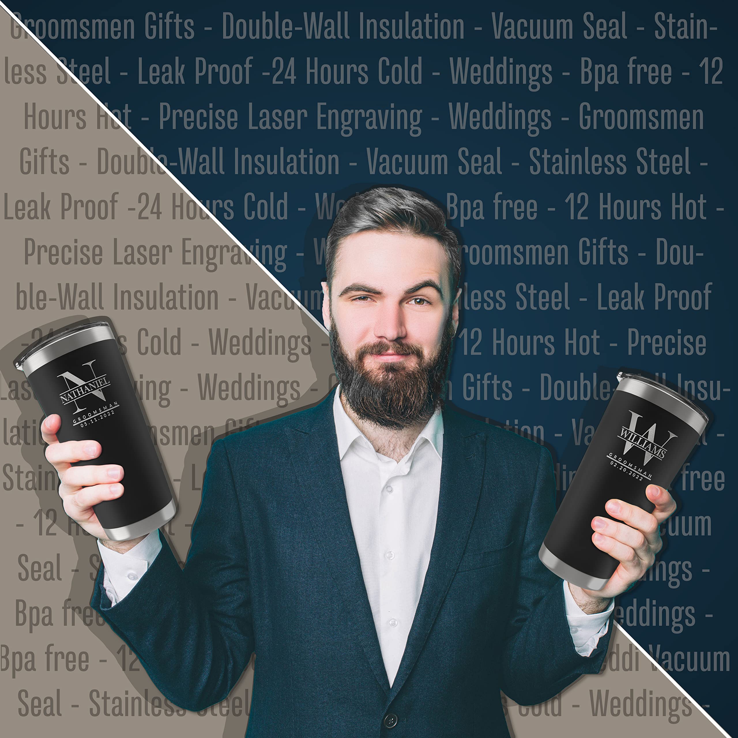 Personalized Groomsmen Gifts Set of 6 - 20oz/30oz Engraved Stainless Steel Tumblers with Custom Names & Titles - Double Wall Insulated - 3 Color Options - Perfect for Weddings, Bachelor Parties & Proposal Gifts (UNITED CRAFT SUPPLIES D6)