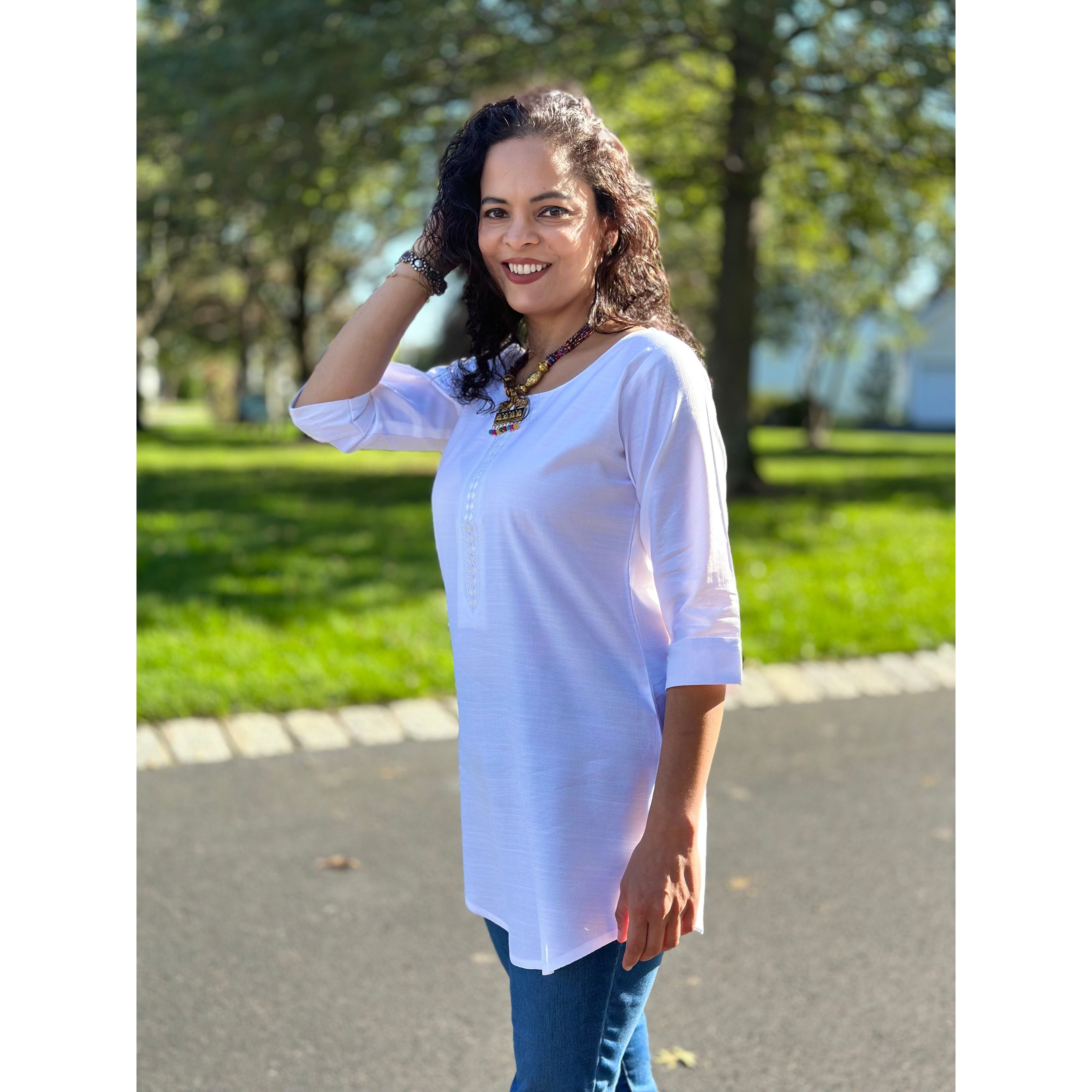 Elegant White Short Kurta for Women - Comfortable Cotton Summer Tunic Top - Perfect for Casual Wear, Festivals & Boho Outfits
