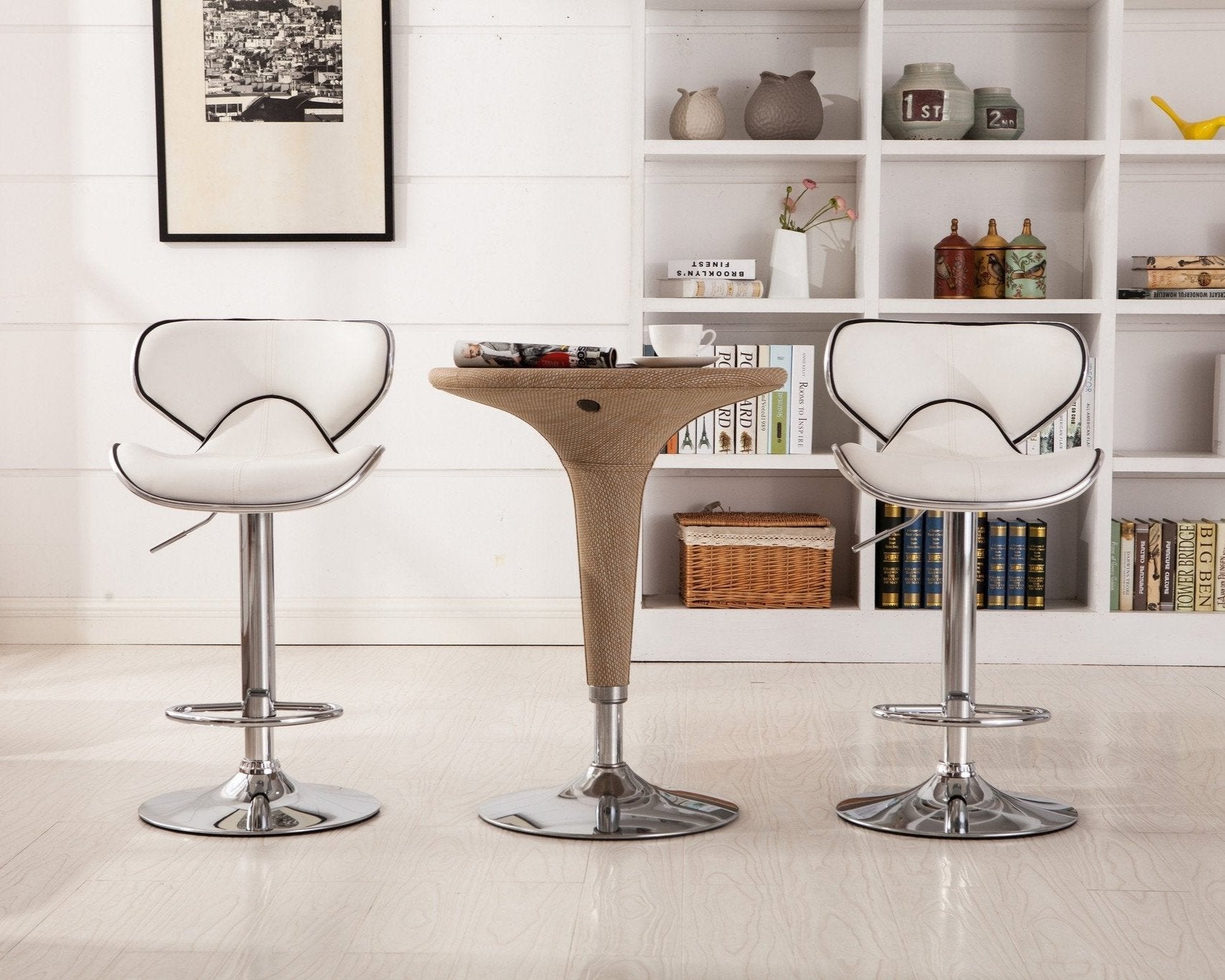 Roundhill Furniture Masaccio Faux Leather Adjustable Swivel Bar Stools - Set of 2, White - Perfect for Kitchen Islands, Home Bars & Modern Dining Areas
