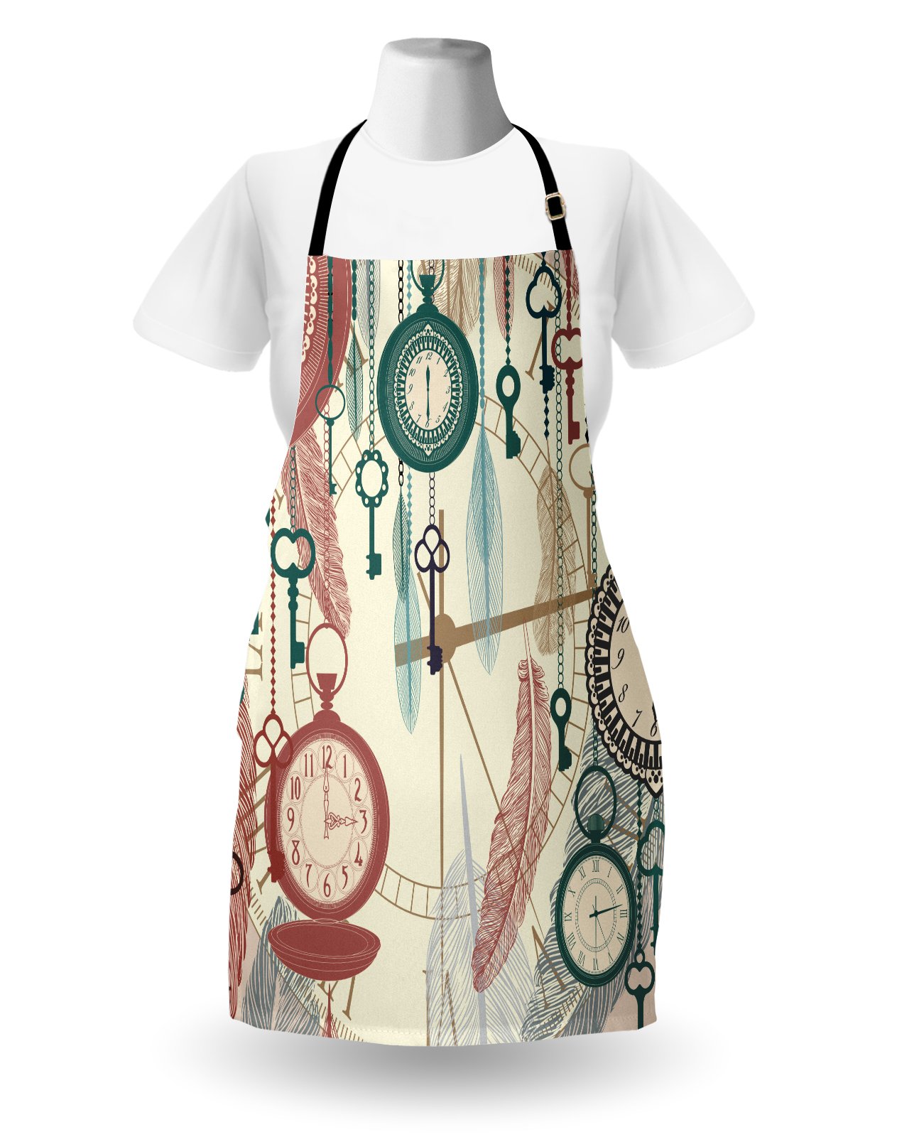 Ambesonne Vintage Pocket Watch Apron - Adjustable Unisex Kitchen Bib for Cooking, Baking, Gardening | Antique Timepiece Design with Feather & Key Art | Perfect for Home Chefs, BBQ Parties & Crafting