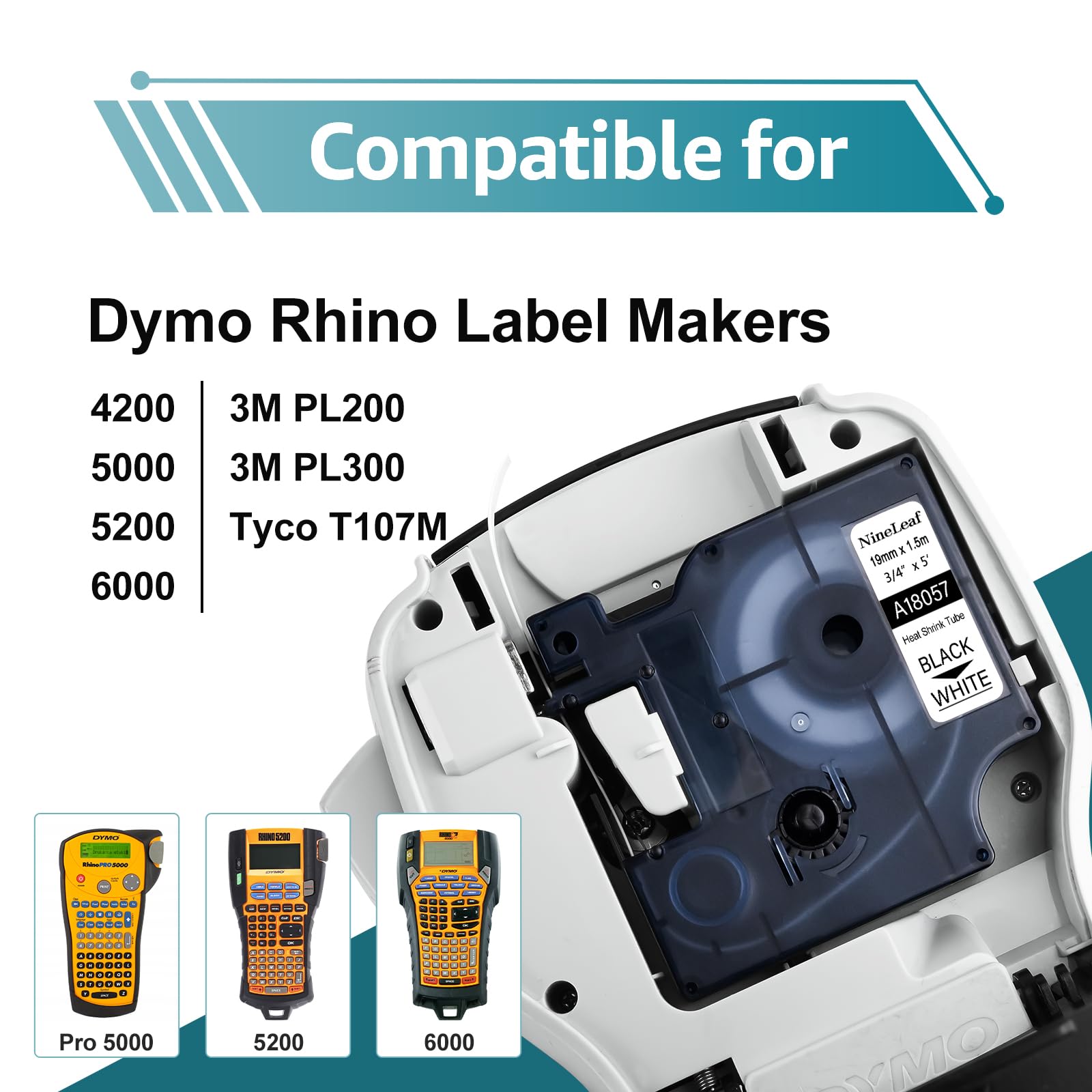 20 Pack Dymo 18057 Compatible Labels - 3/4 Inch (19mm) Black on White Heat Shrink Tube Labels - 1.5m Length for Wires & Cables - Works with Rhino 4200, 5200, 5000, 6000 & 3M Label Makers - Perfect for Electrical Wiring, Network Cables & Office Organization
