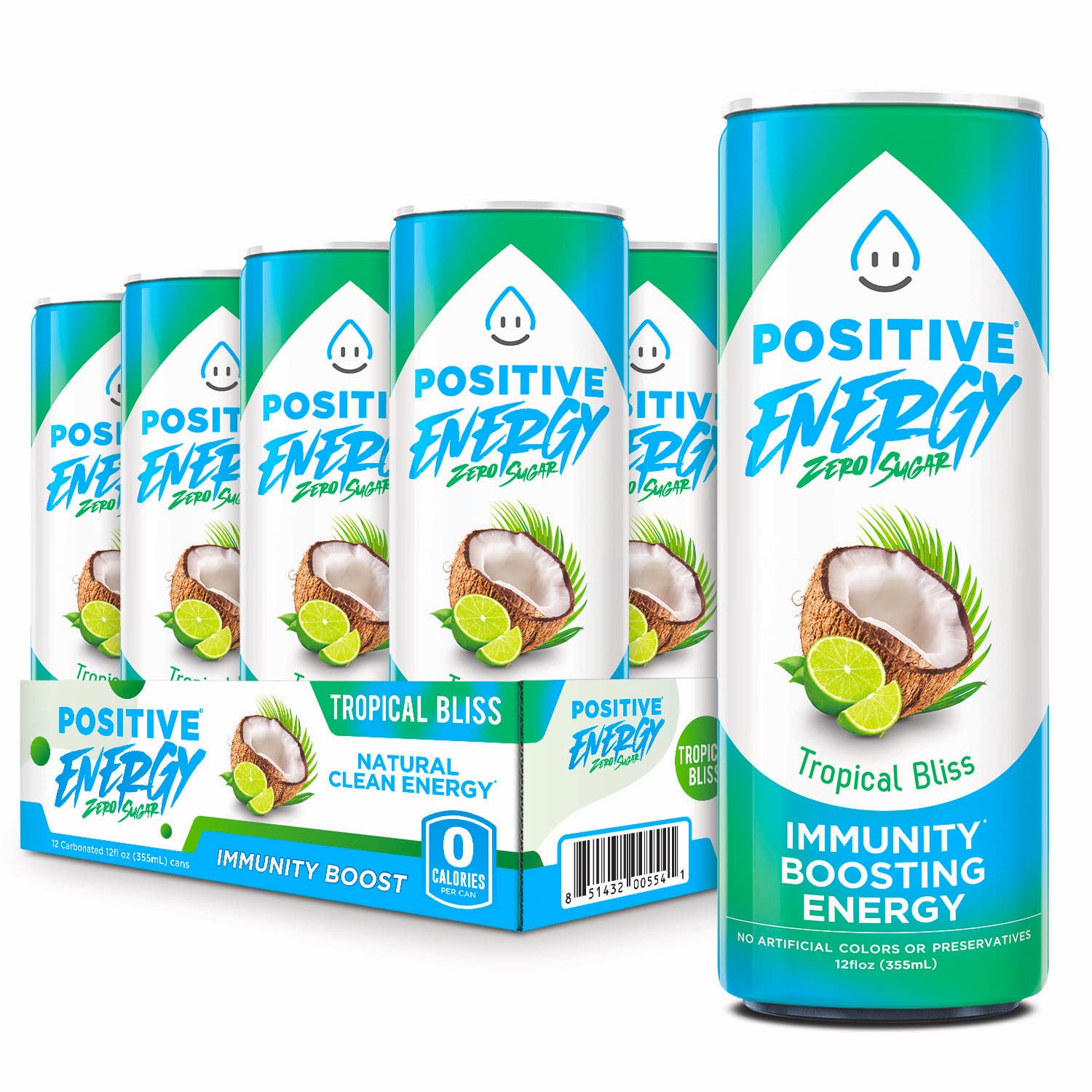 Positive Energy Immunity Boosting Energy Drink - Tropical Bliss Flavor | Zero Sugar, Keto Friendly, Gluten Free & Non-GMO | 12 Fluid Ounce (Pack of 12) | Perfect for Workouts, Travel & Daily Energy Boost
