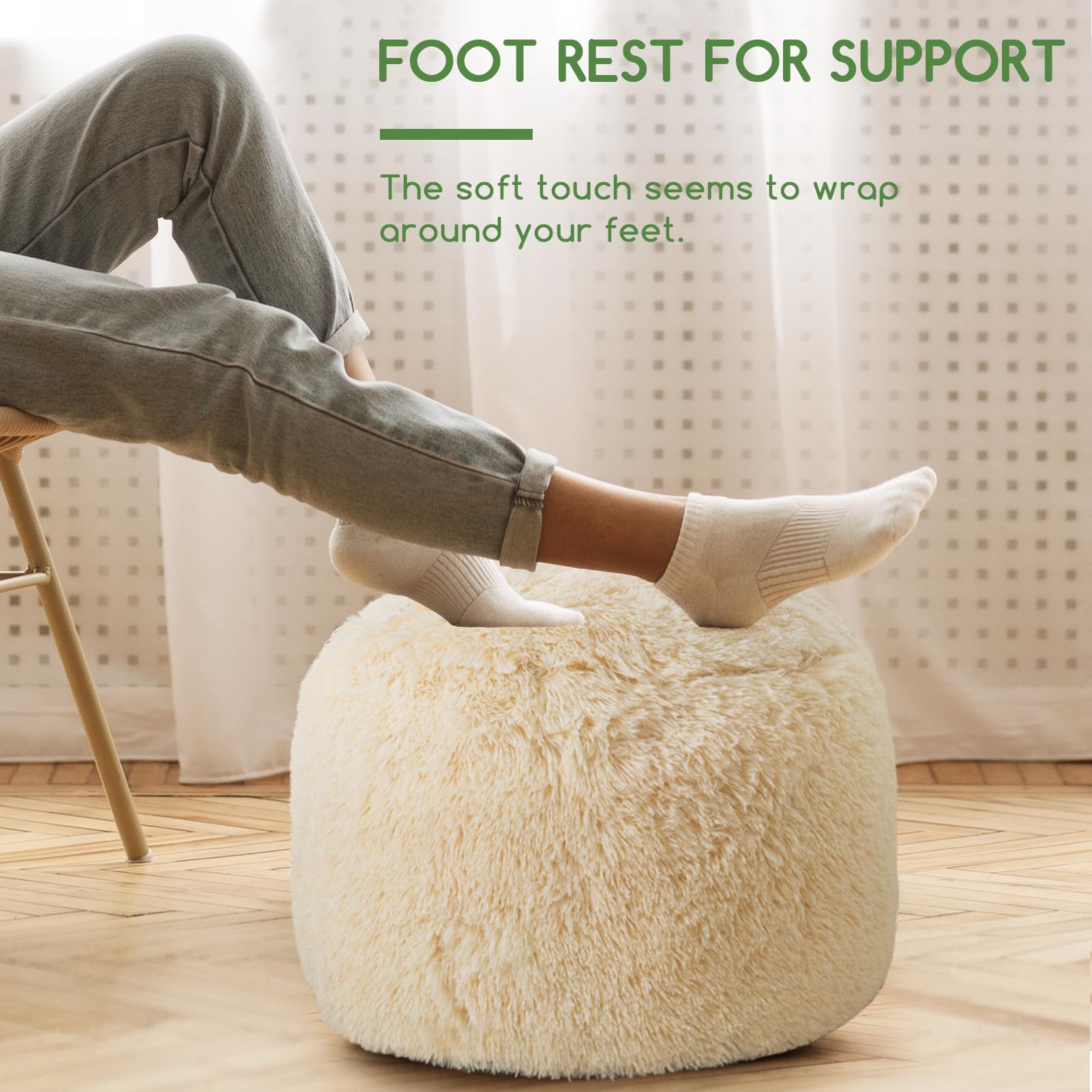 MAXYOYO Round Stuffed Pouf Ottoman - Long Faux Fur Footrest with Foam Chunk Filling, Beige - Perfect for Living Room, Bedroom & Nursery Decor