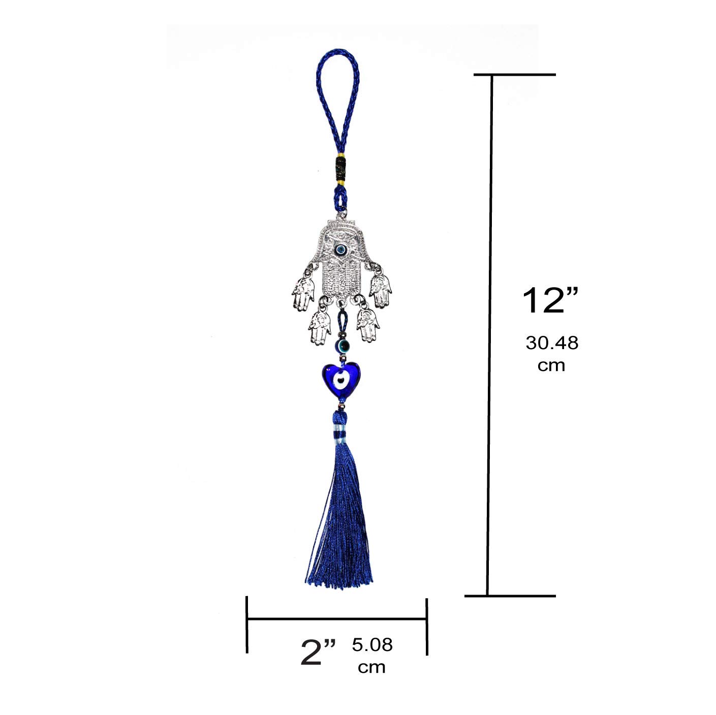 LUCKBOOSTIUM Silver Hamsa Hand Charm with 4 Mini Hamsas, Evil Eye & Tassel - Spiritual Protection Amulet for Home Decor & Car Mirror (2”x12”) - Perfect for Gifts, Meditation Spaces & Positive Energy