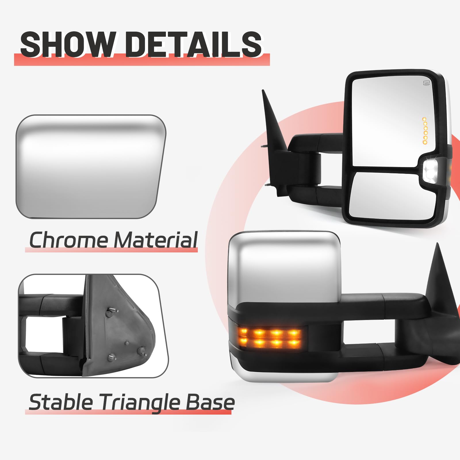 Heavy Duty Towing Mirrors for 2014-2018 Chevy Silverado/GMC Sierra 1500/2500/3500 HD - Power Heated, LED Arrow Lights, Smoked Turn Signal - Perfect for Trailering, RV & Off-Road Adventures