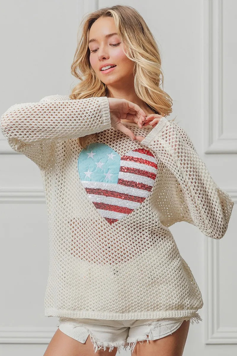 BiBi Sequin American Flag Heart Knit Up - Patriotic Fashion Sweater for Women, Perfect for 4th of July, Memorial Day & Independence Day Celebrations