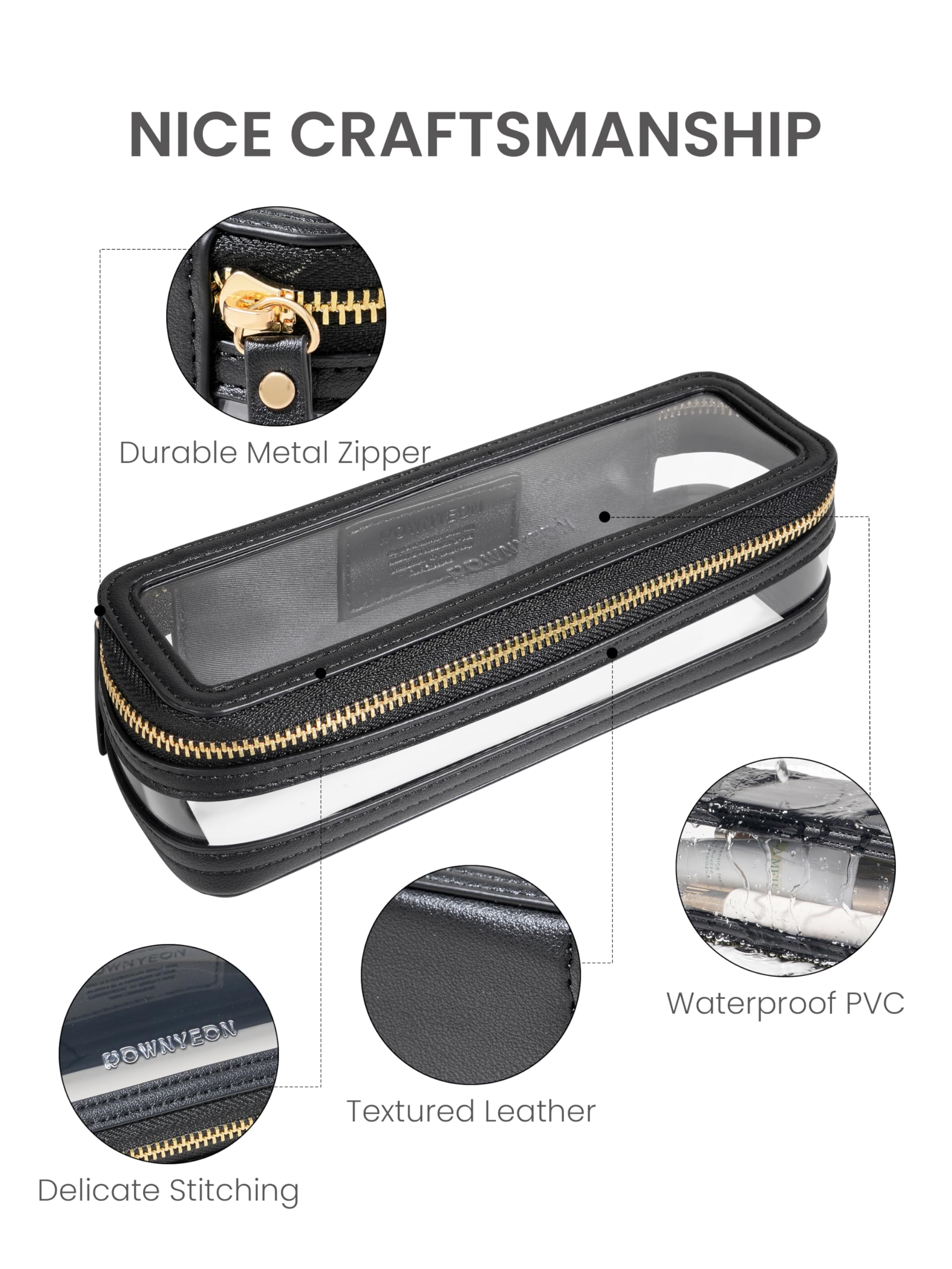 ROWNYEON Small Waterproof Toiletry Bag - Clear Travel Makeup Organizer for Women, Transparent Cosmetic Case with Zipper, Portable Train Case for Toiletries & Cosmetics (Black) - Perfect for Travel, Gym, Camping & Daily Use