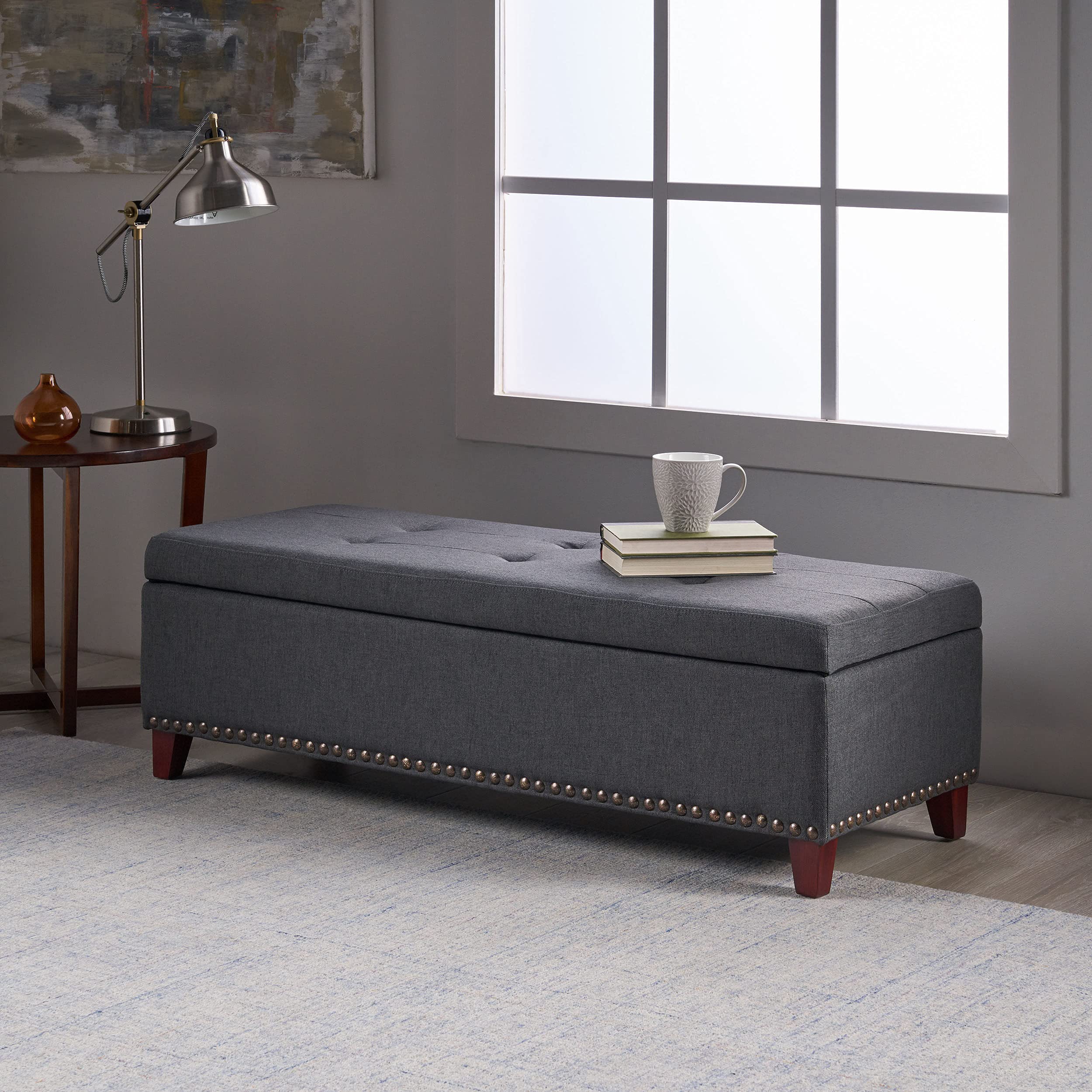 Christopher Knight Home Obert Ottoman - Dark Gray Storage Bench with Tufted Upholstery | Perfect for Living Room, Bedroom & Entryway Seating & Organization